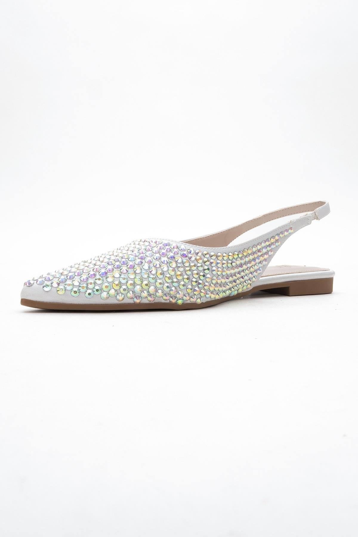 Ida - Silver Pointed Toe Open-Back Ballet Flat – heel view showing leather, silver, red, Vowalisse