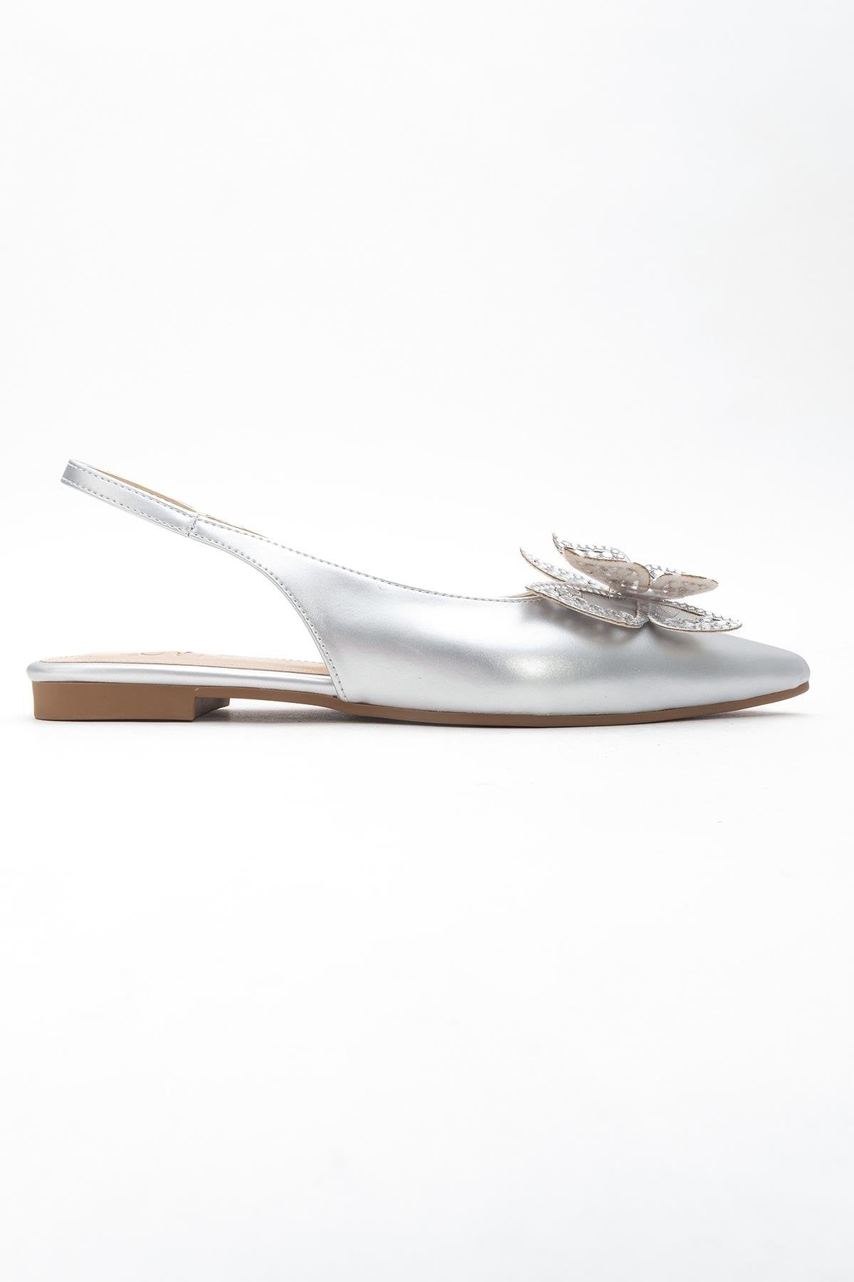 Oriol - Silver Pointed Toe Open-Back Ballet Flat – top view showing leather, silver, Vowalisse