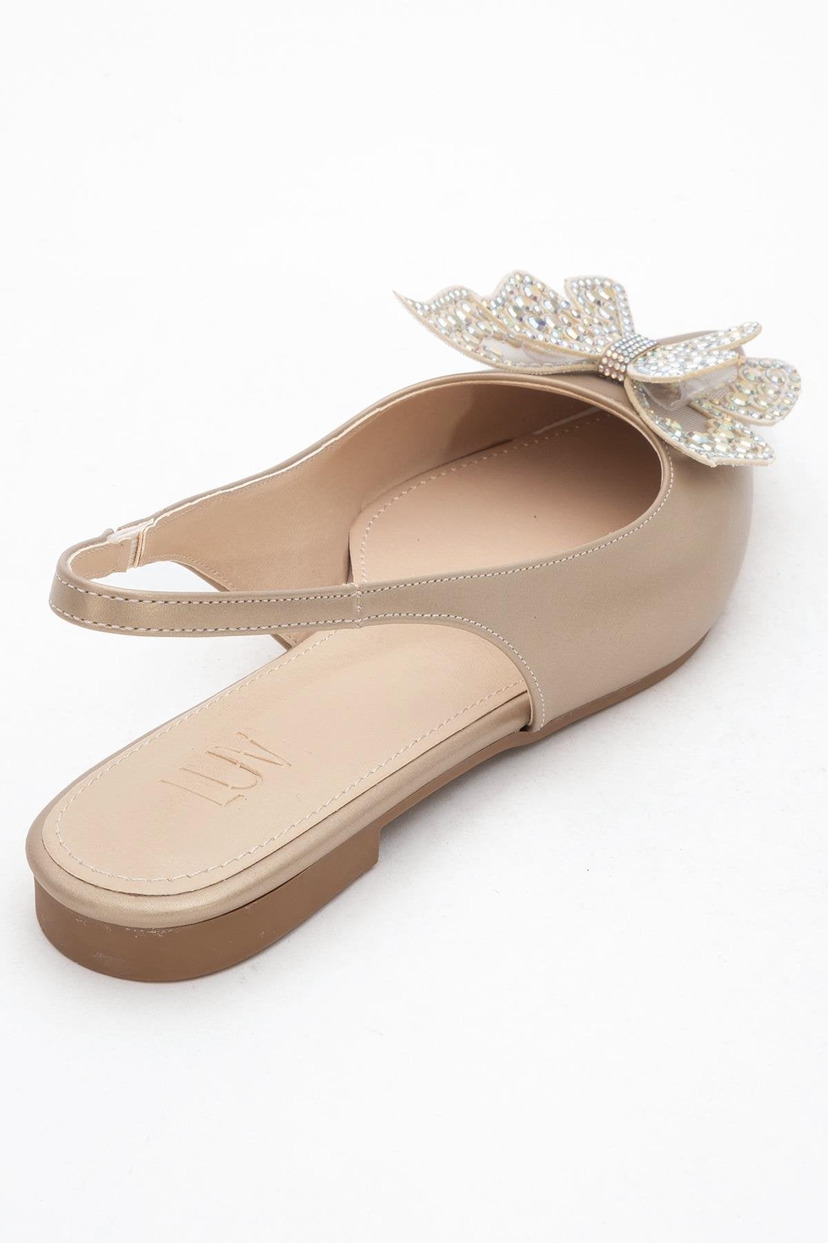 Oriol - Gold Pointed Toe Open-Back Ballet Flat – back view showing leather, gold, Vowalisse