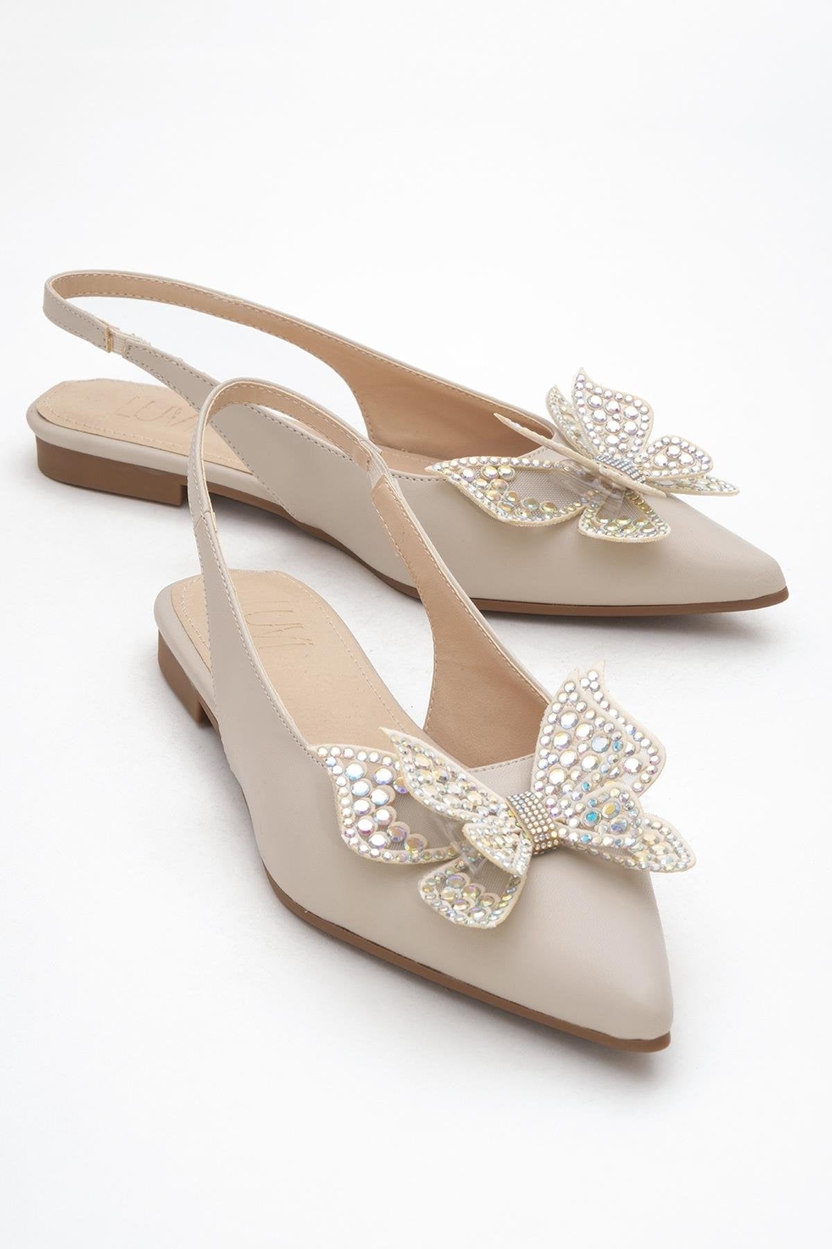 Oriol - Beige Pointed Toe Open-Back Ballet Flat – front three-quarter view showing leather, Vowalisse