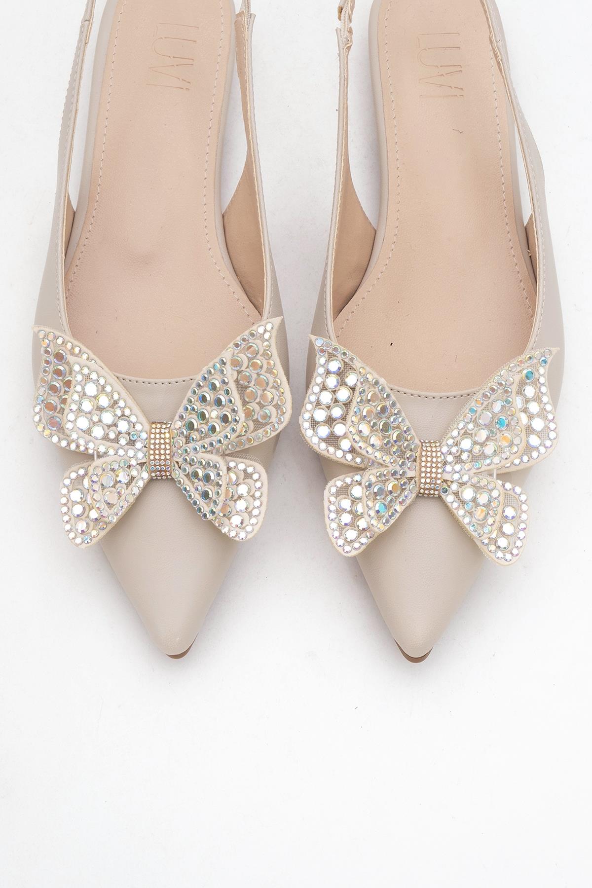Oriol - Beige Pointed Toe Open-Back Ballet Flat – side view showing leather, Vowalisse