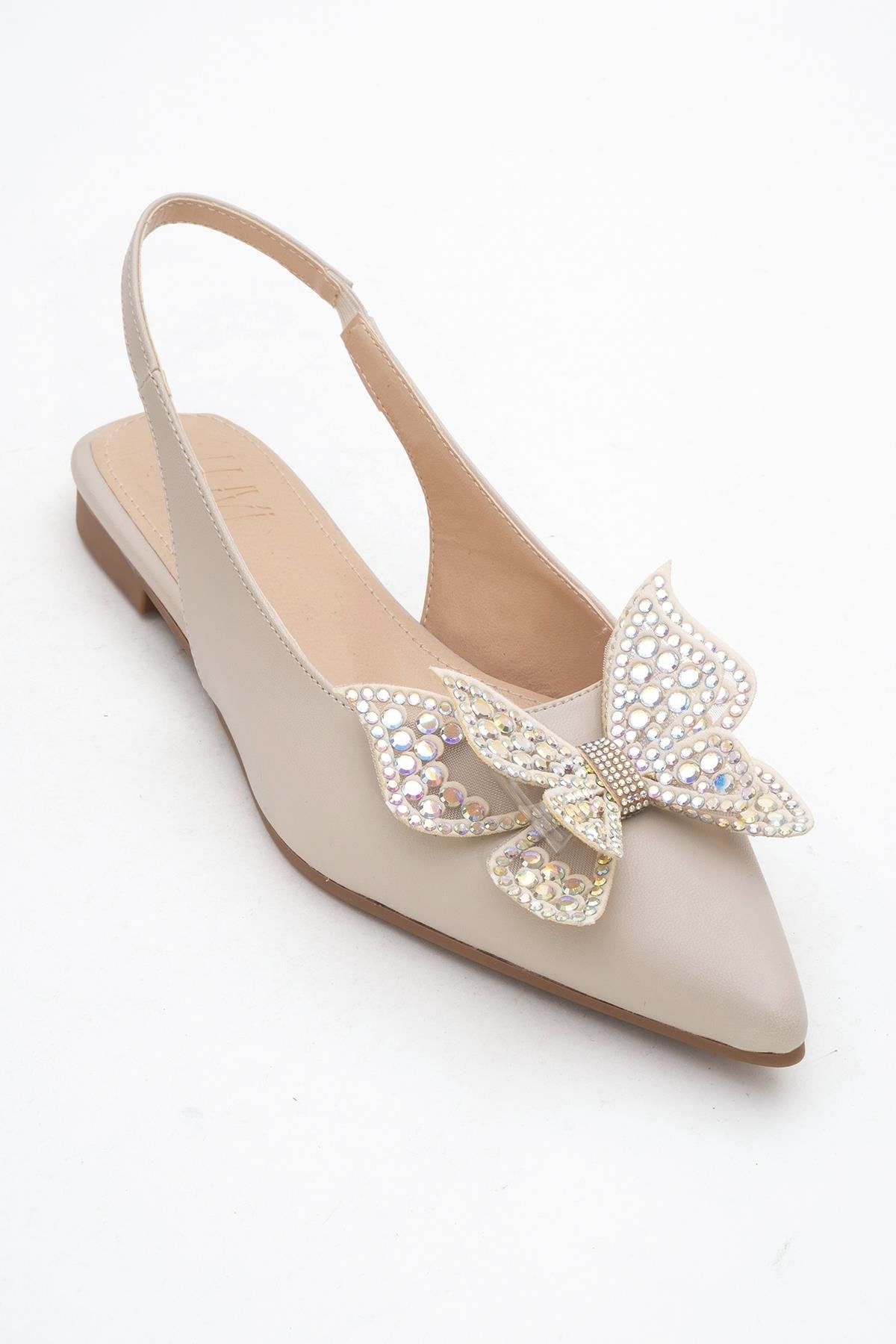 Oriol - Beige Pointed Toe Open-Back Ballet Flat – detail view showing leather, Vowalisse
