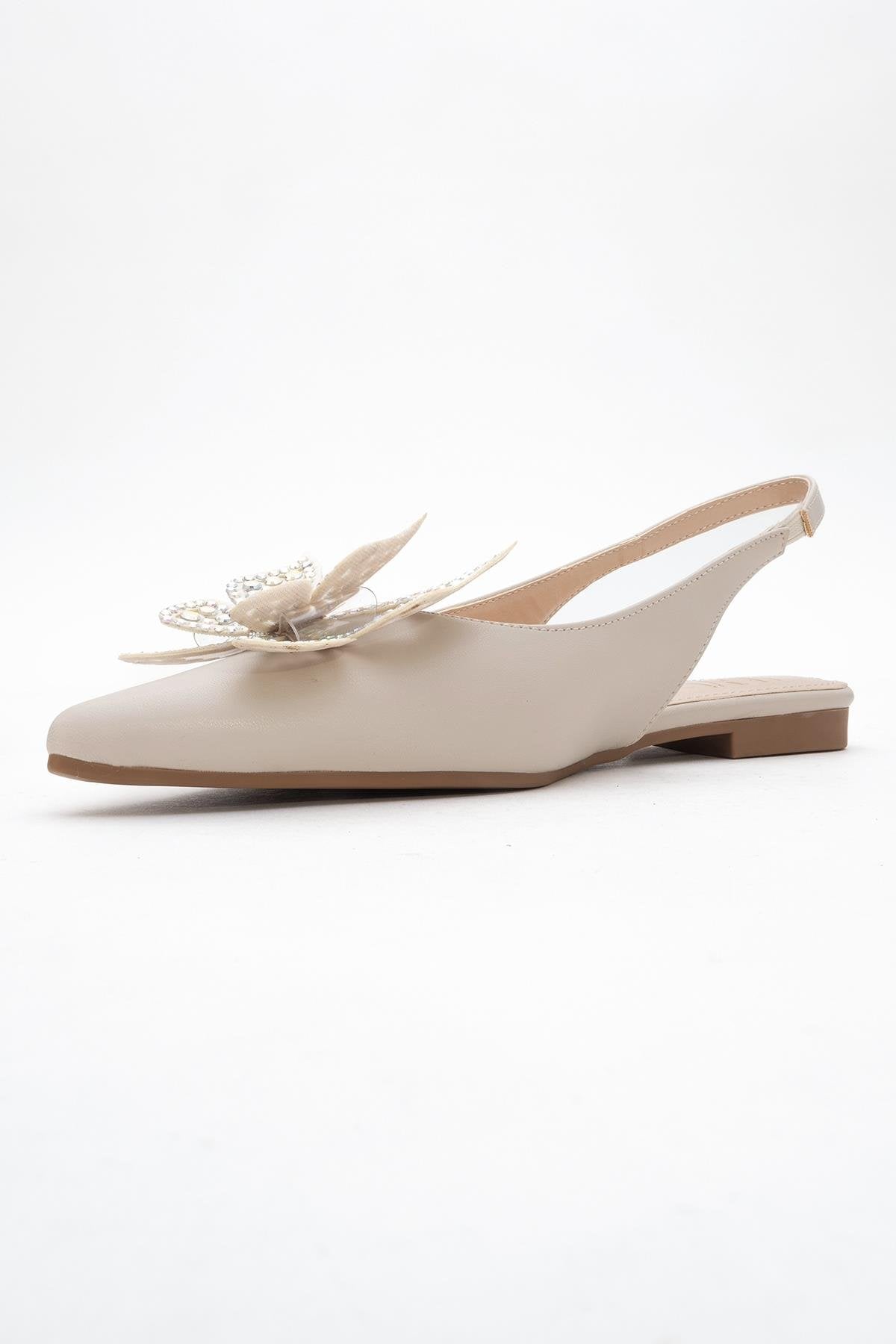 Oriol - Beige Pointed Toe Open-Back Ballet Flat – heel view showing leather, Vowalisse