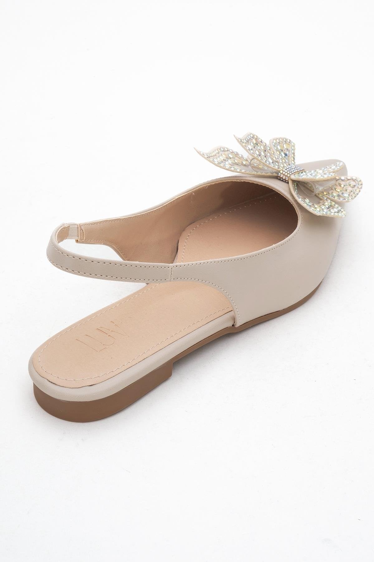 Oriol - Beige Pointed Toe Open-Back Ballet Flat – back view showing leather, Vowalisse