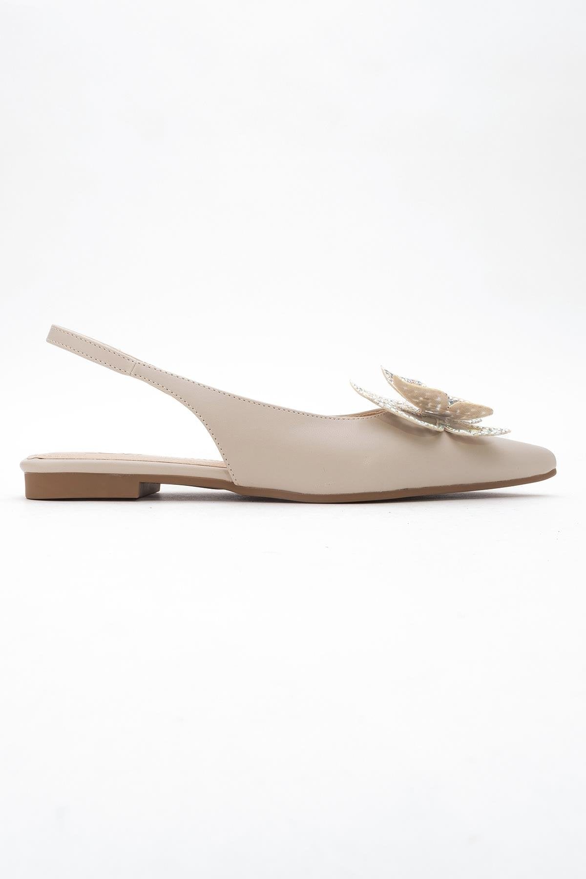 Oriol - Beige Pointed Toe Open-Back Ballet Flat – top view showing leather, Vowalisse
