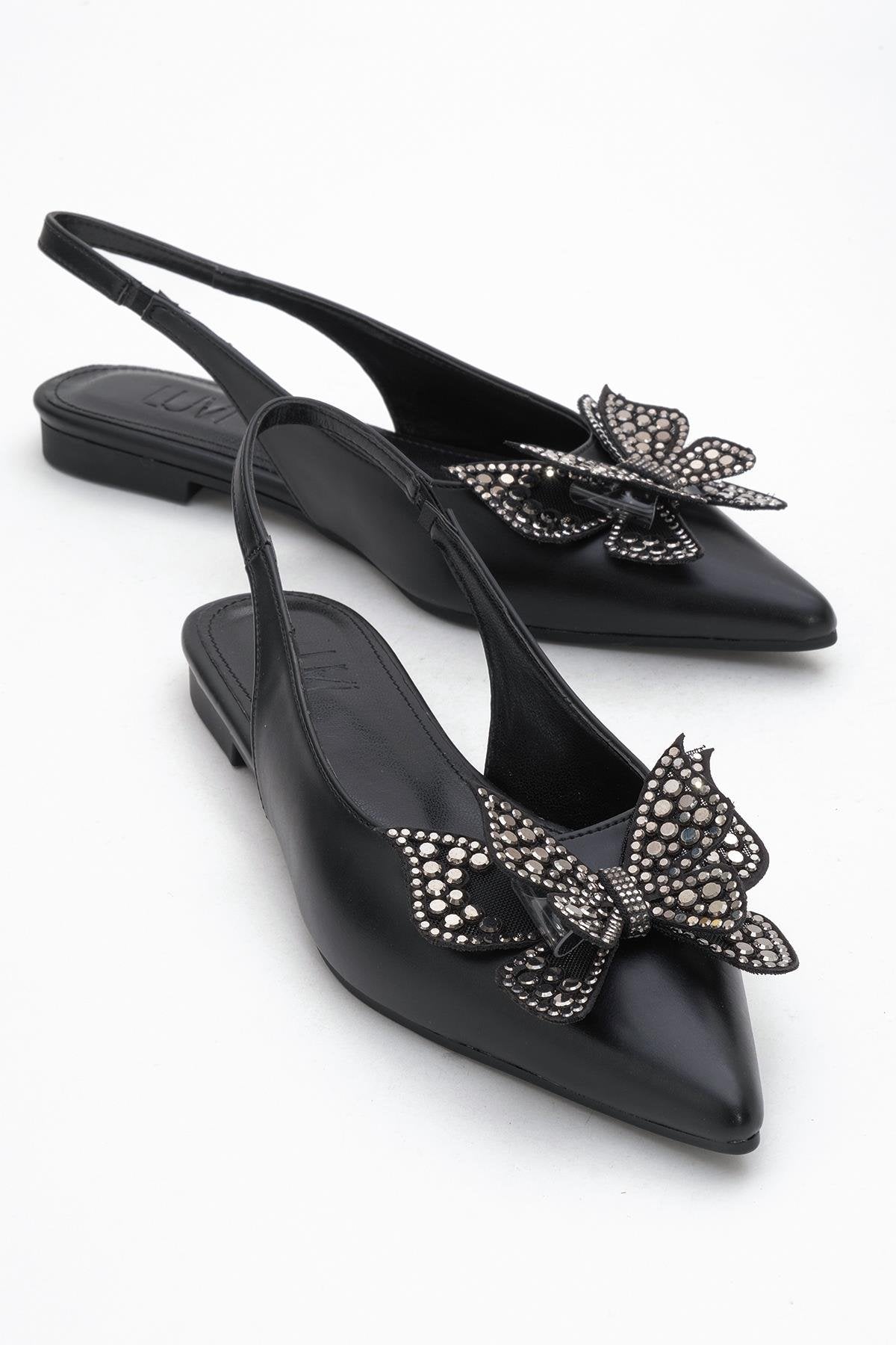 Oriol - Black Pointed Toe Open-Back Ballet Flat – front three-quarter view showing leather, black, Vowalisse