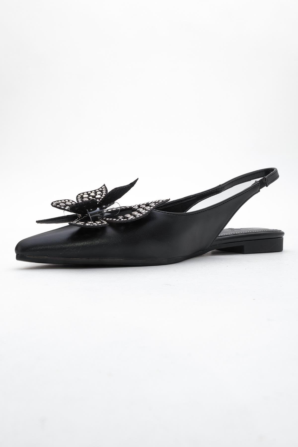 Oriol - Black Pointed Toe Open-Back Ballet Flat – heel view showing leather, black, Vowalisse
