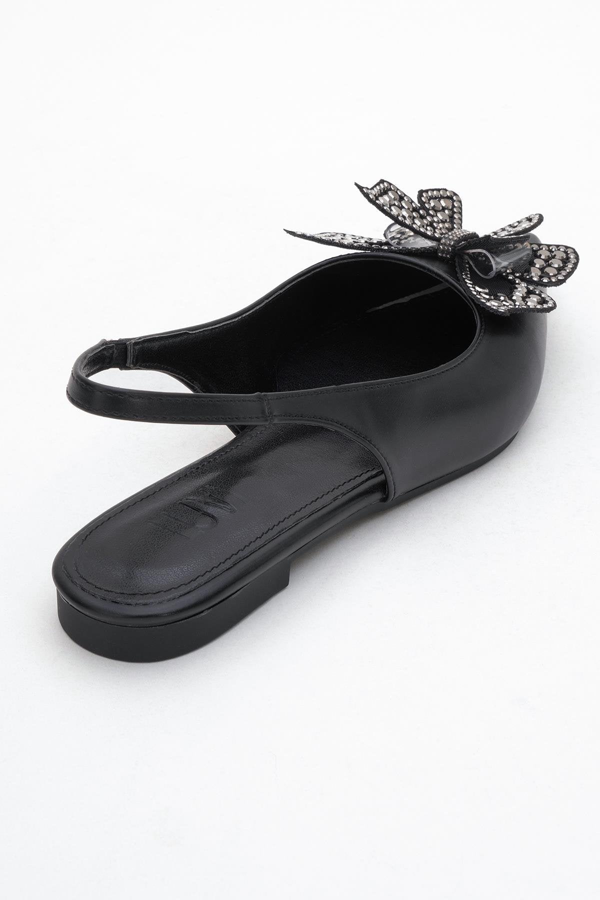 Oriol - Black Pointed Toe Open-Back Ballet Flat – back view showing leather, black, Vowalisse