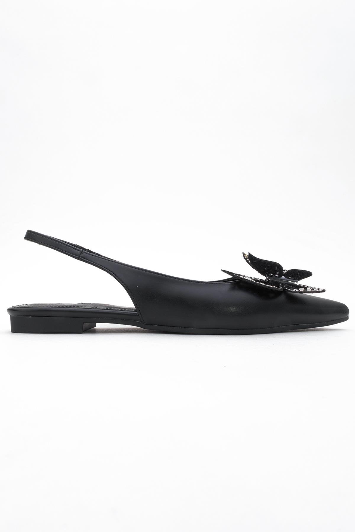 Oriol - Black Pointed Toe Open-Back Ballet Flat – top view showing leather, black, Vowalisse