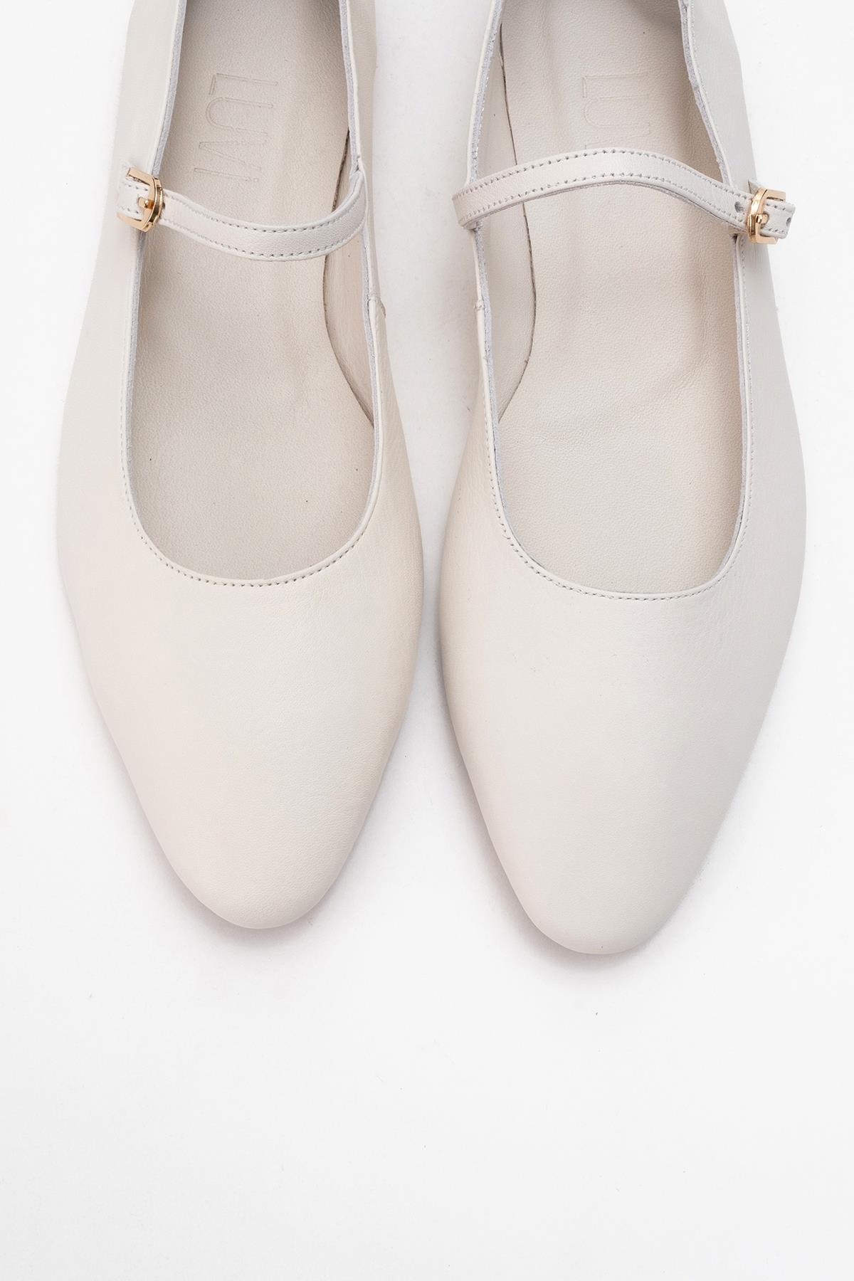 Lunaire - Off-White Genuine Leather Single Strap Pointed Toe Ballet Fl – side view showing leather, white, Vowalisse