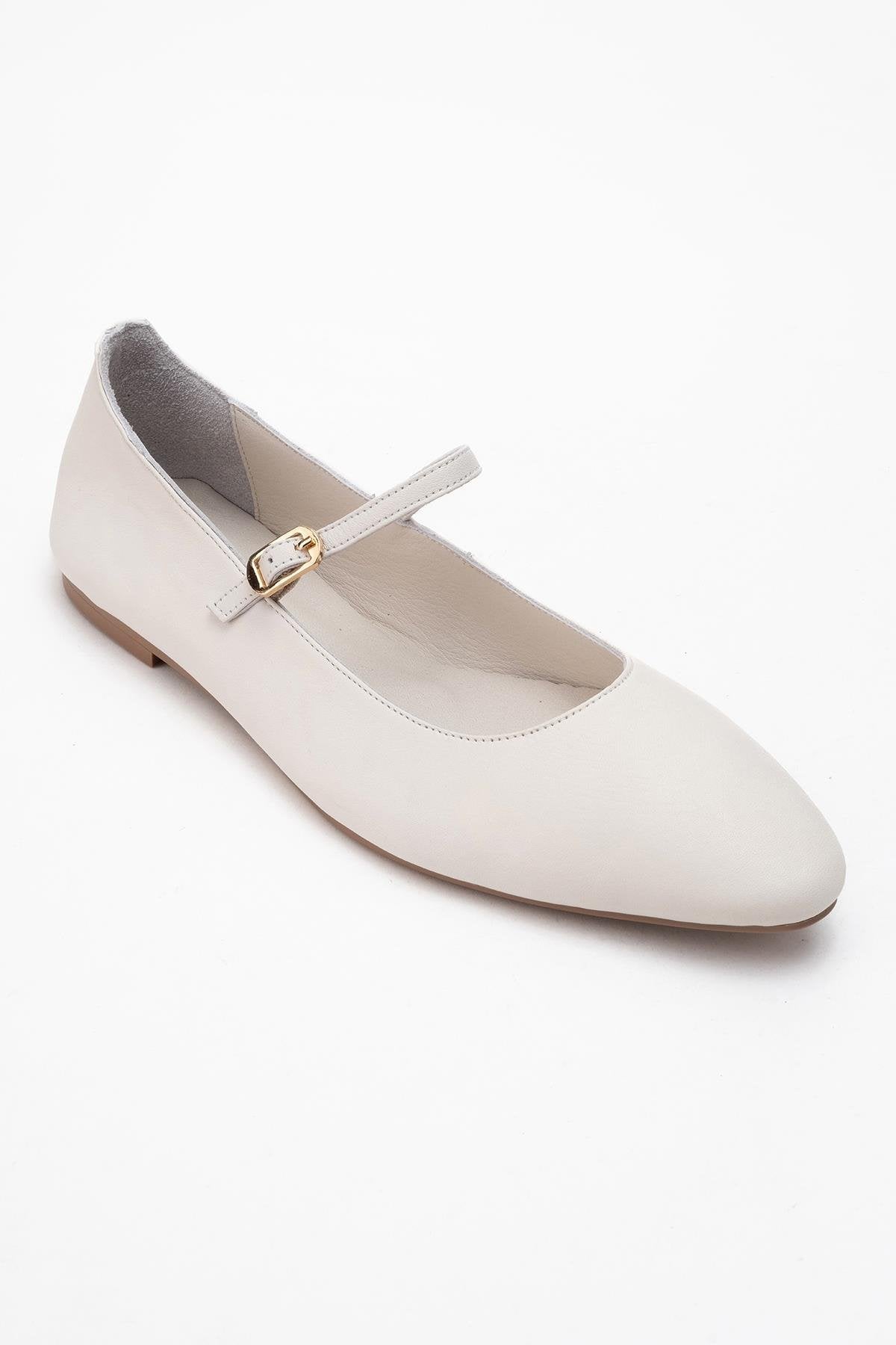 Lunaire - Off-White Genuine Leather Single Strap Pointed Toe Ballet Fl – detail view showing leather, white, Vowalisse