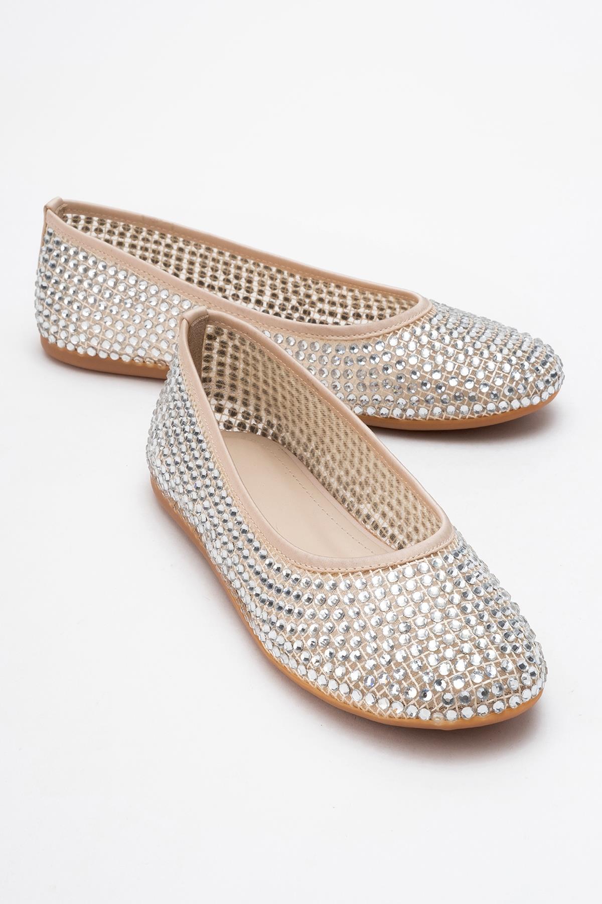Runway Beige Mesh Embellished Ballet Flat – front three-quarter view showing leather, mesh, Vowalisse