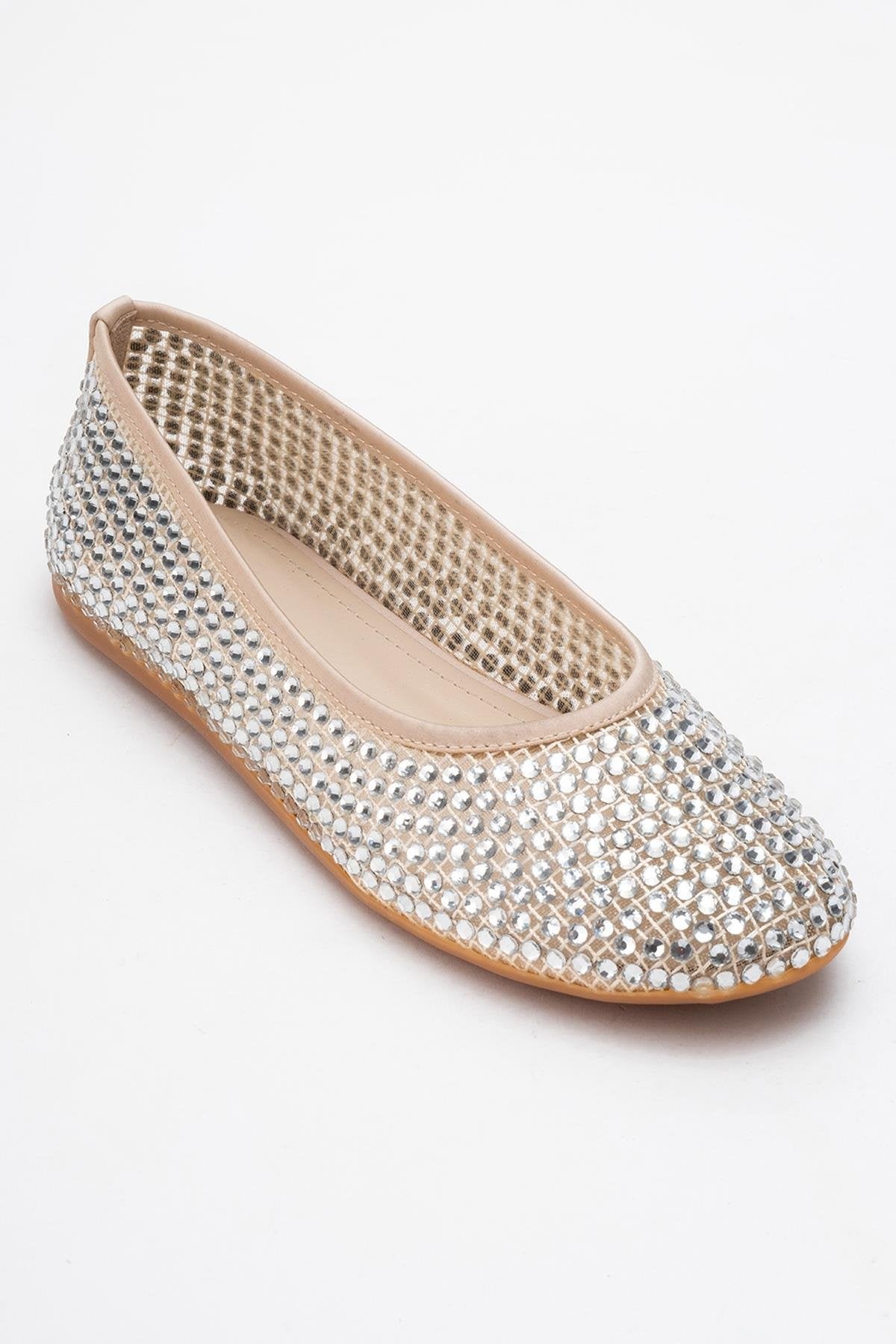 Runway Beige Mesh Embellished Ballet Flat – detail view showing leather, mesh, Vowalisse