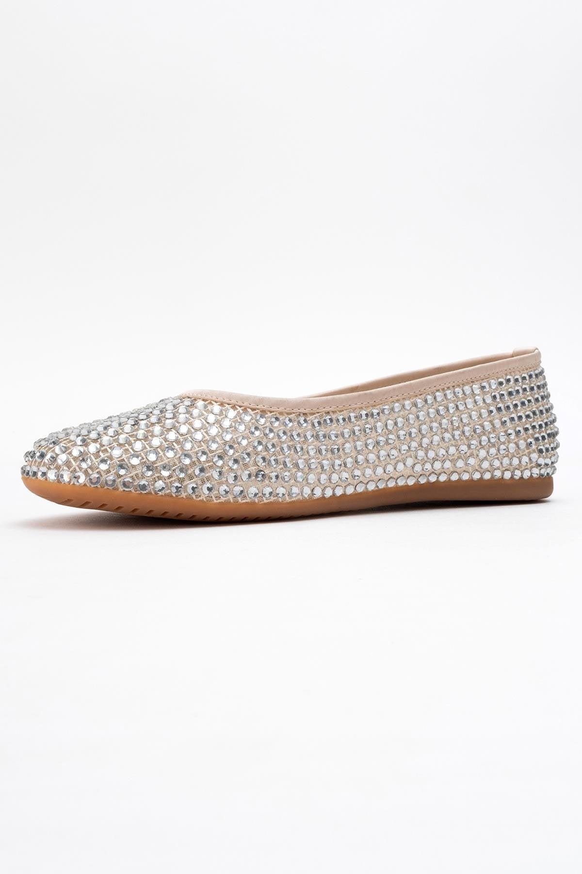 Runway Beige Mesh Embellished Ballet Flat – heel view showing leather, mesh, Vowalisse