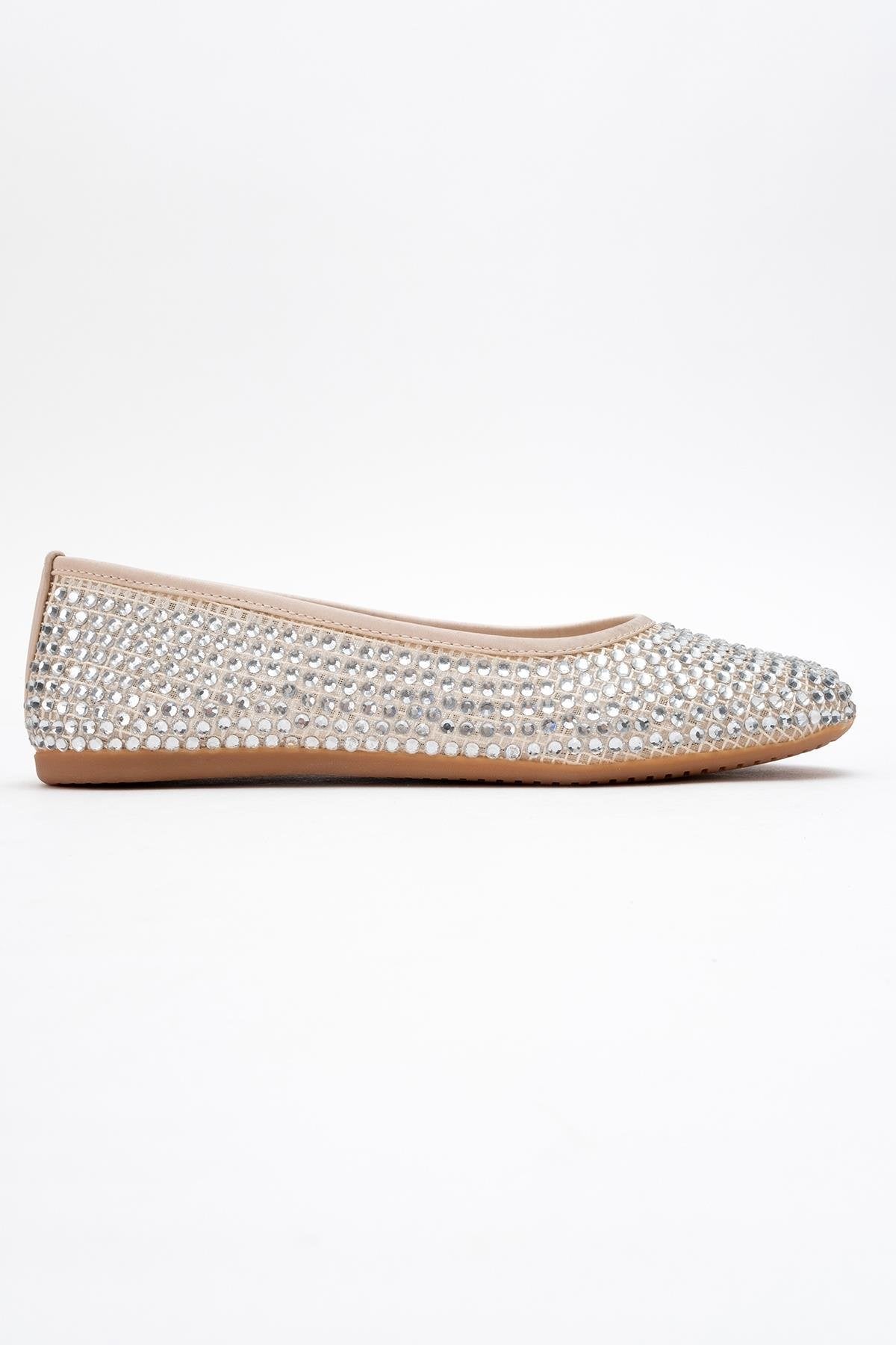 Runway Beige Mesh Embellished Ballet Flat – top view showing leather, mesh, Vowalisse