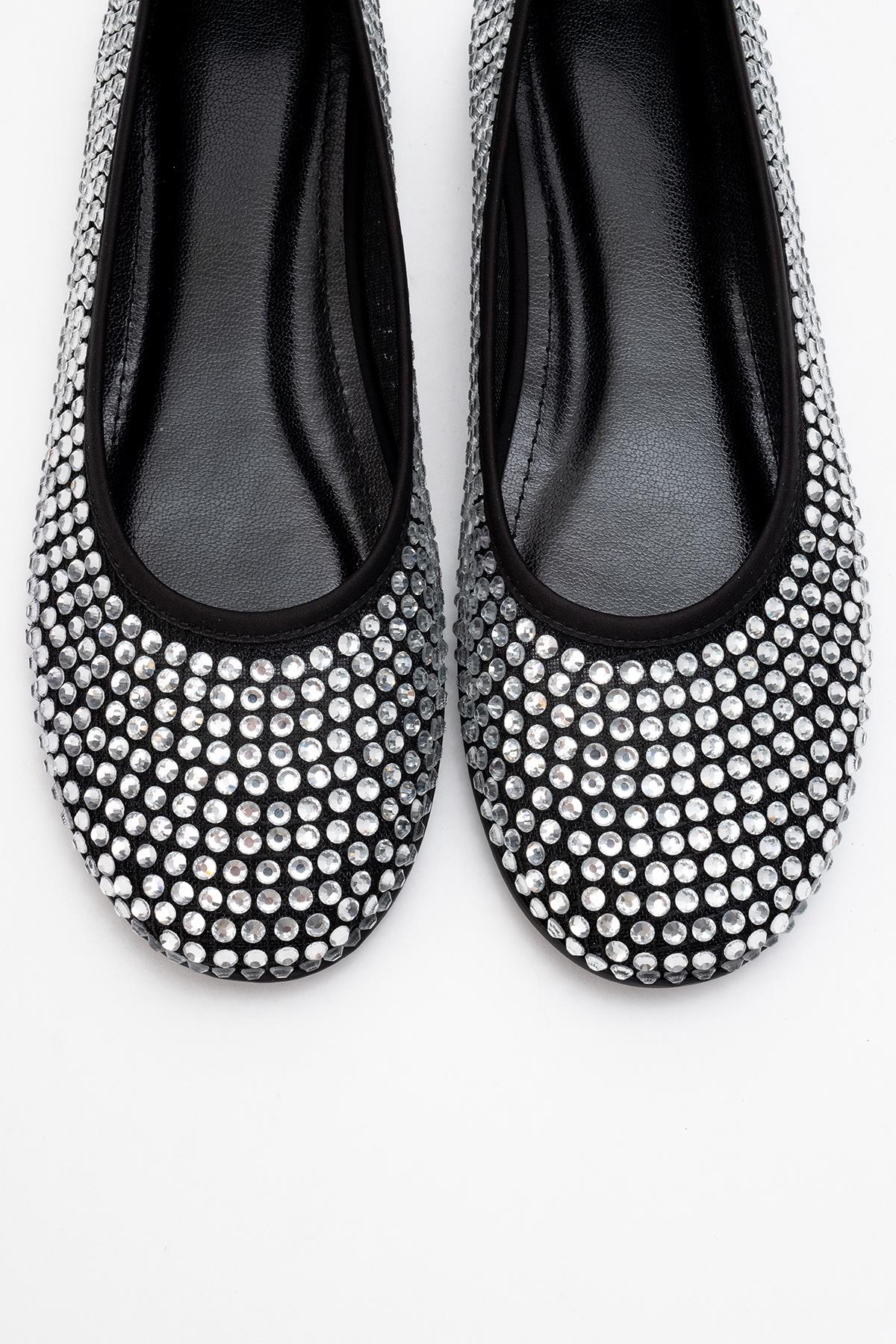 Runway Black Mesh Embellished Ballet Flat – side view showing leather, mesh, black, Vowalisse