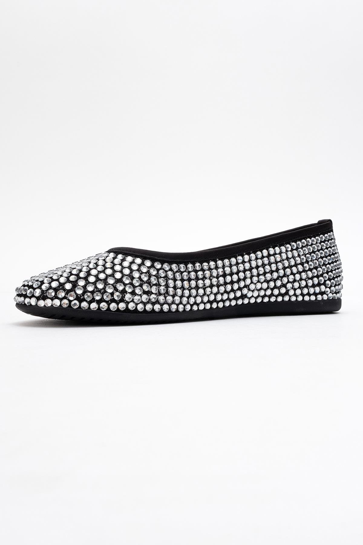 Runway Black Mesh Embellished Ballet Flat – heel view showing leather, mesh, black, Vowalisse