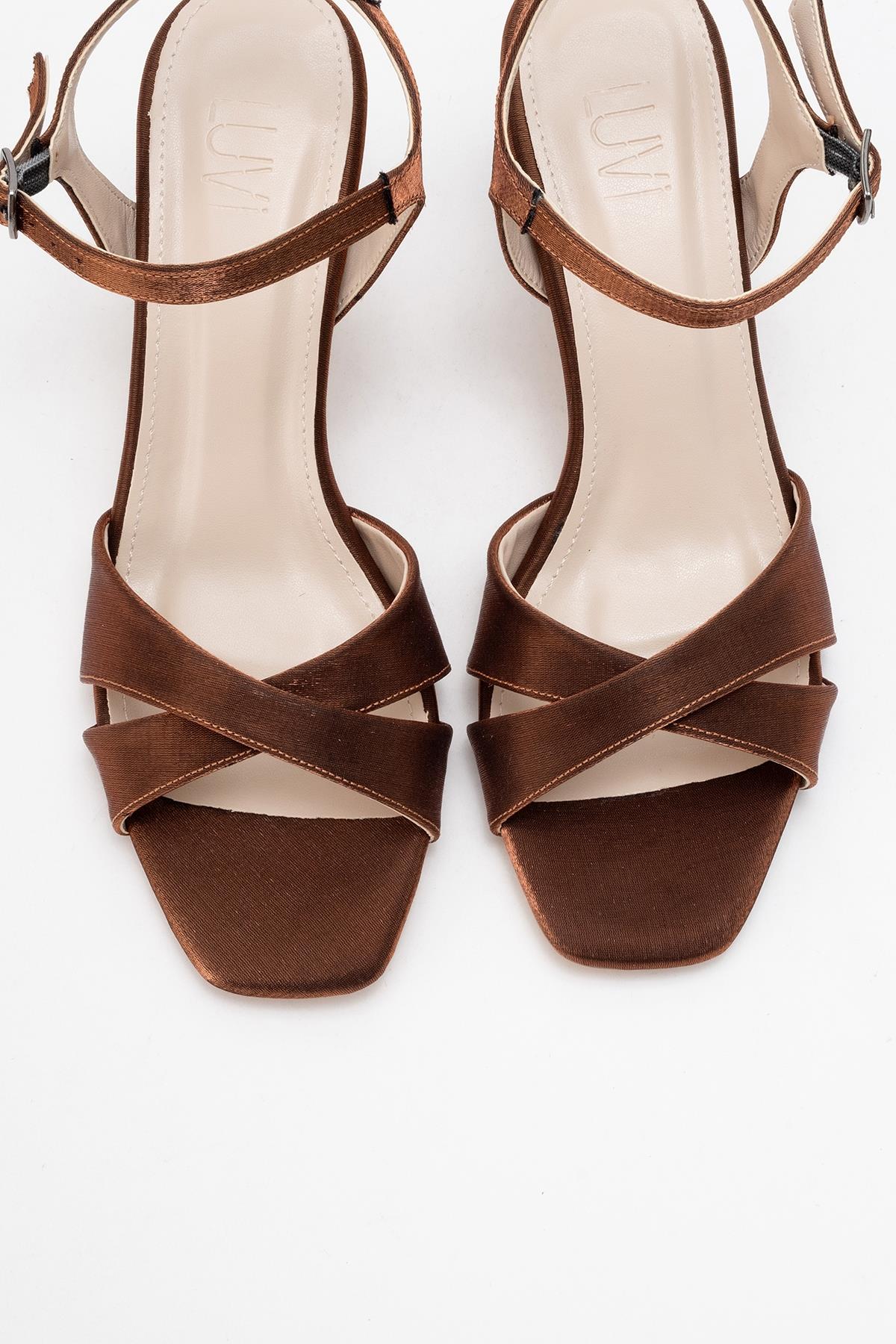 Melin - Copper Satin Cross-Strap Heeled Shoe – side view showing satin, leather, Vowalisse