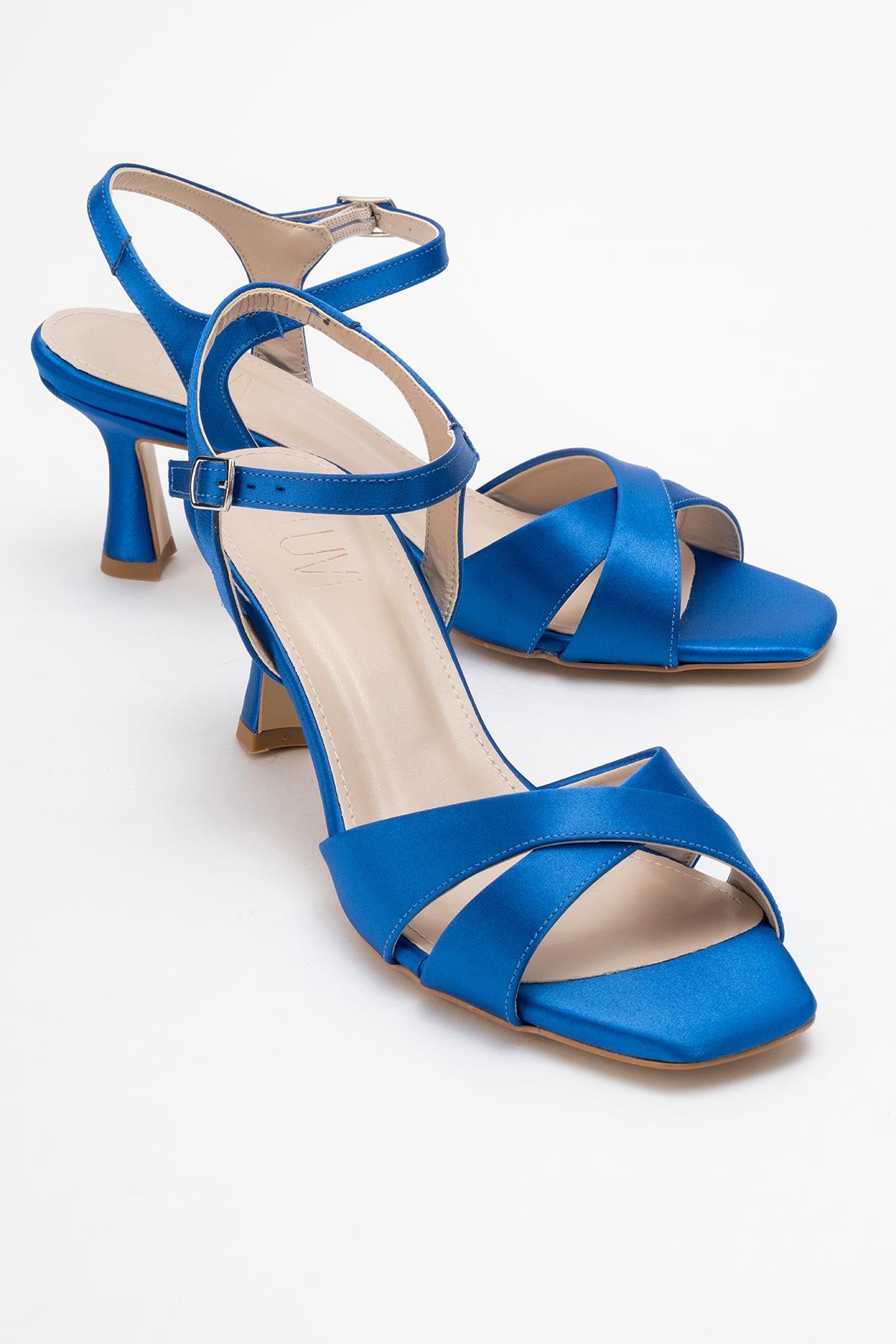Melin - Sapphire Satin Cross-Strap Stiletto Pump – front three-quarter view showing satin, leather, Vowalisse