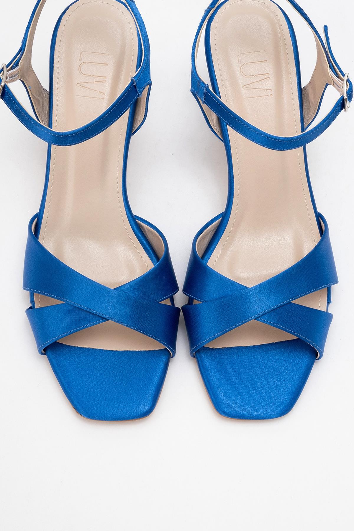 Melin - Sapphire Satin Cross-Strap Stiletto Pump – side view showing satin, leather, Vowalisse