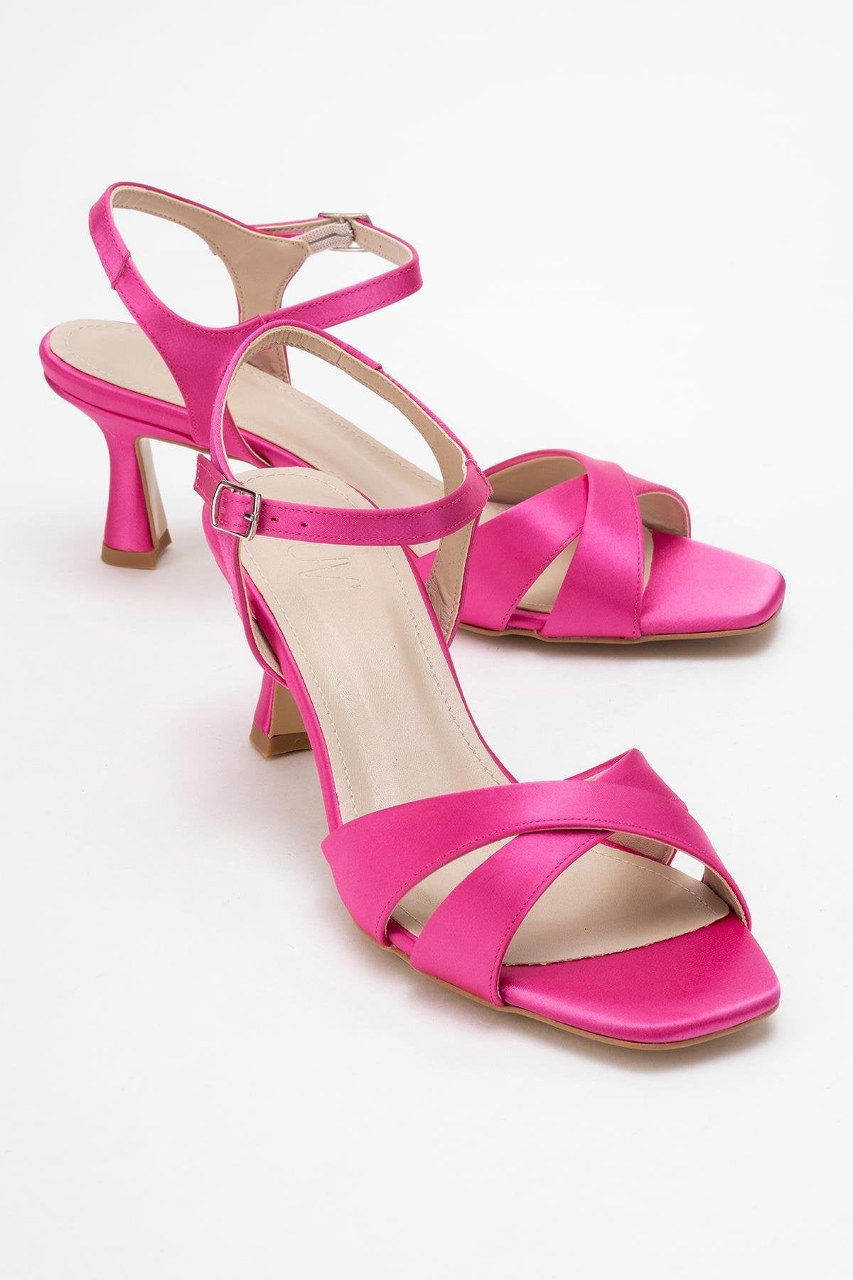 Melin - Fuchsia Satin Cross-Strap Stiletto Pump – front three-quarter view showing satin, leather, Vowalisse
