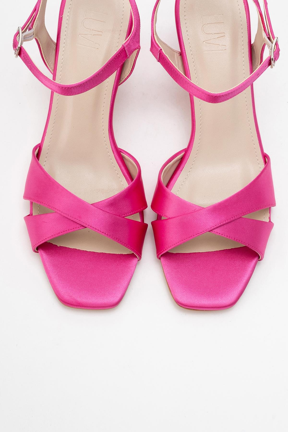Melin - Fuchsia Satin Cross-Strap Stiletto Pump – side view showing satin, leather, Vowalisse