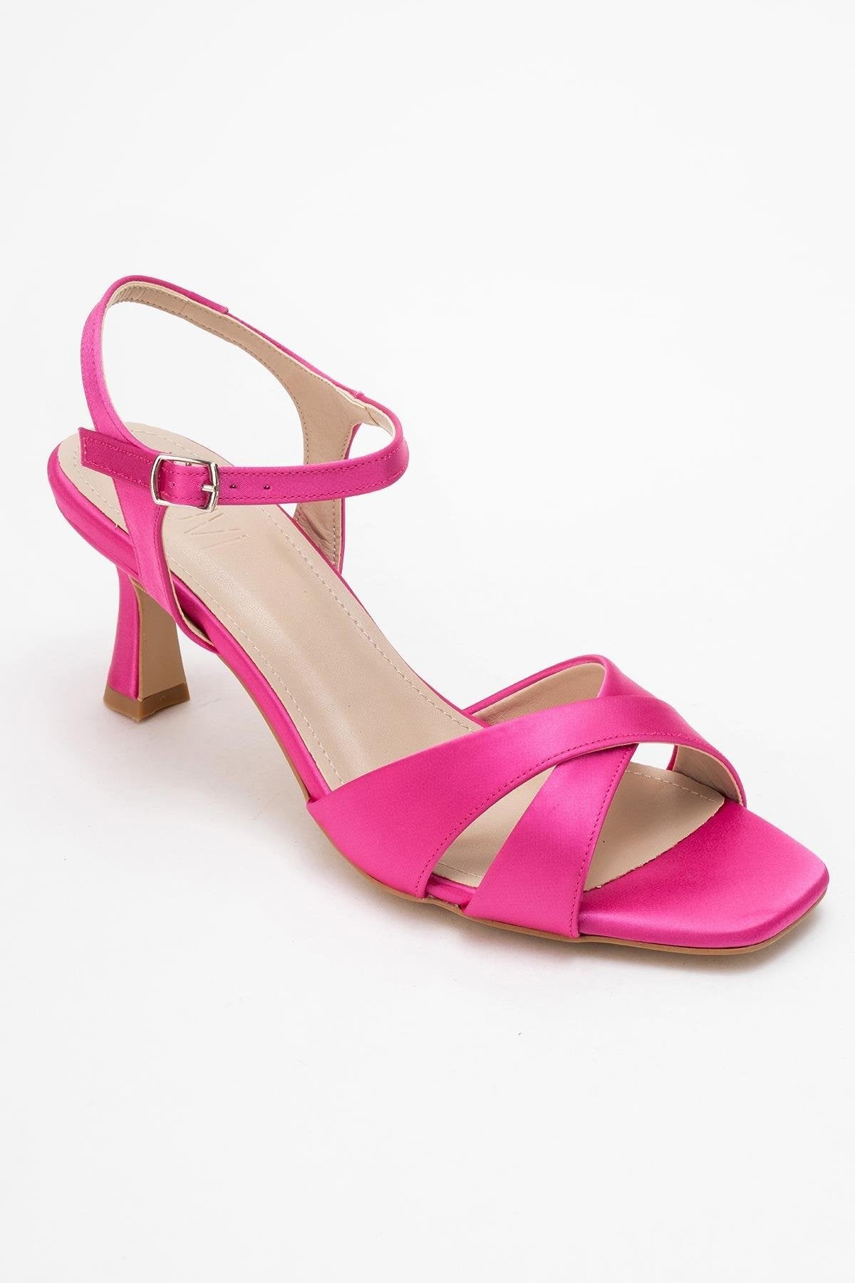 Melin - Fuchsia Satin Cross-Strap Stiletto Pump – detail view showing satin, leather, Vowalisse