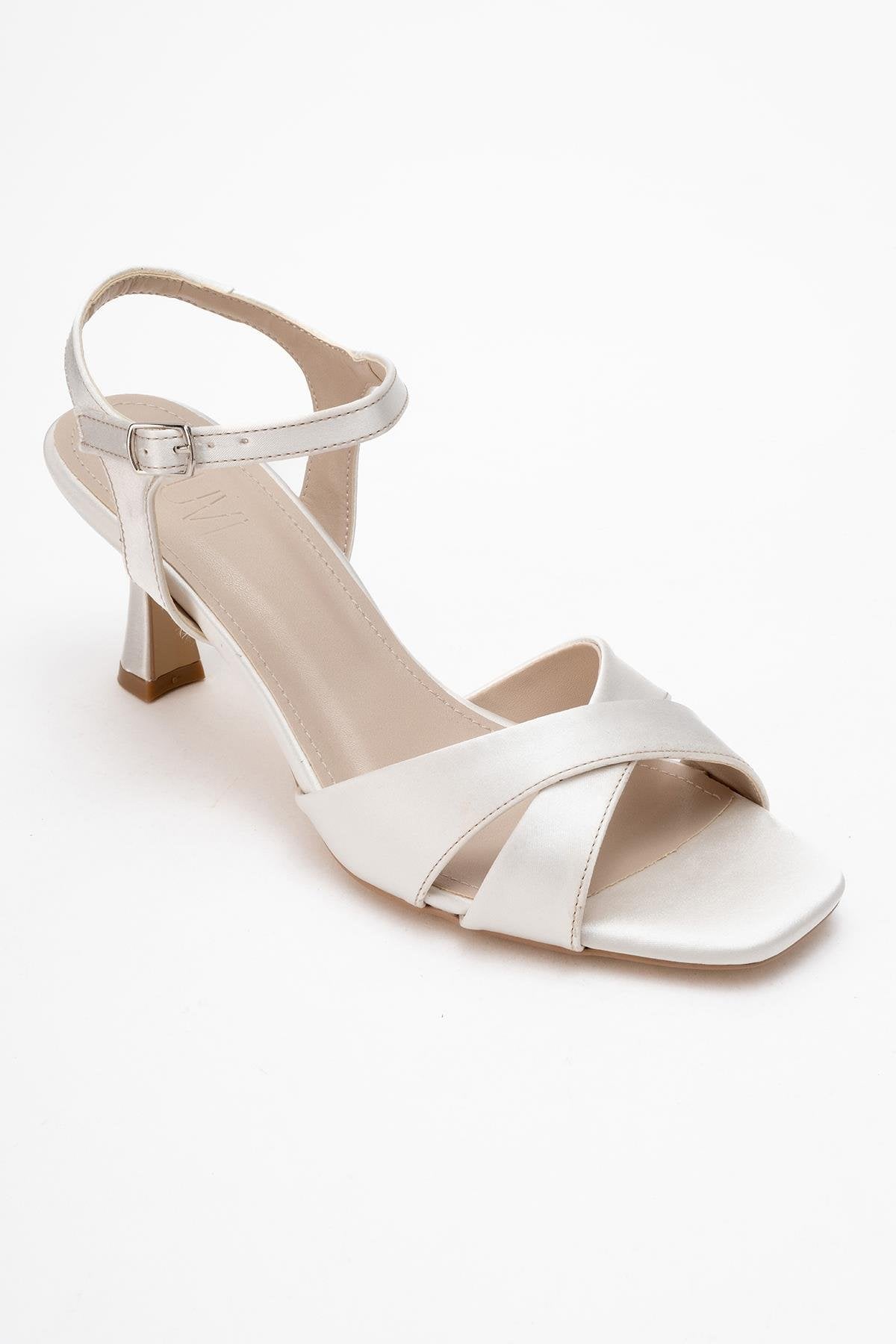 Melin - Pearl Satin Cross-Strap Stiletto Pump – detail view showing pearl, satin, leather, Vowalisse