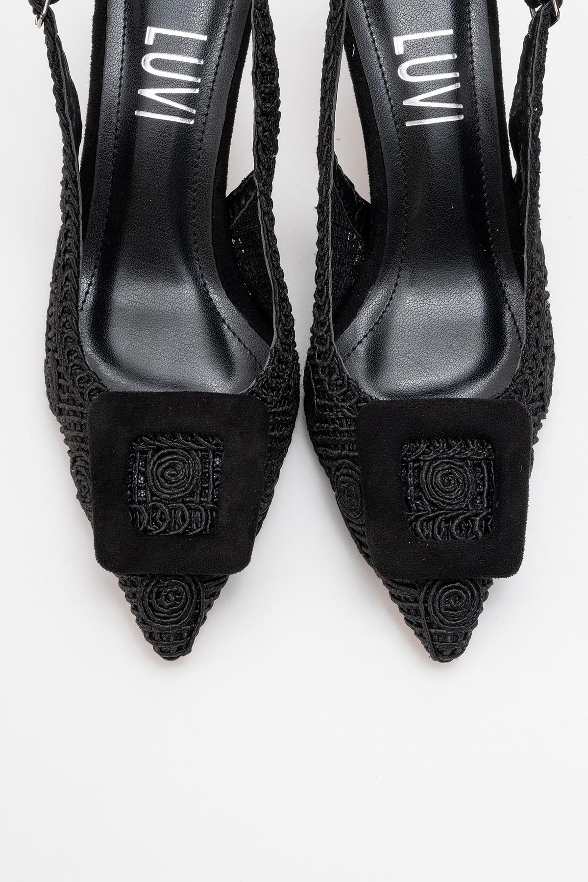 Ensley - Black Knitted Buckle-Detail Backless High Heel Shoe – side view showing leather, black, red, Vowalisse