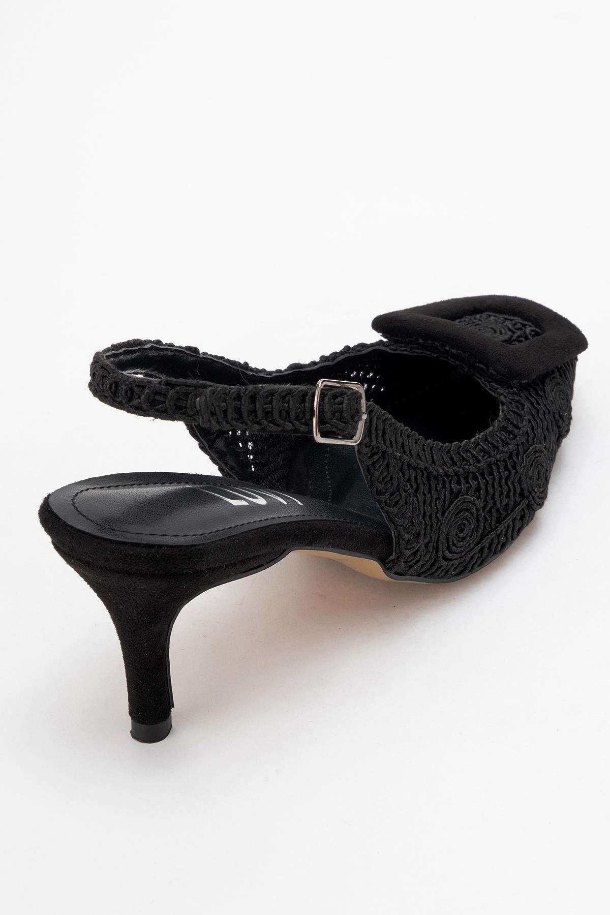Ensley - Black Knitted Buckle-Detail Backless High Heel Shoe – back view showing leather, black, red, Vowalisse