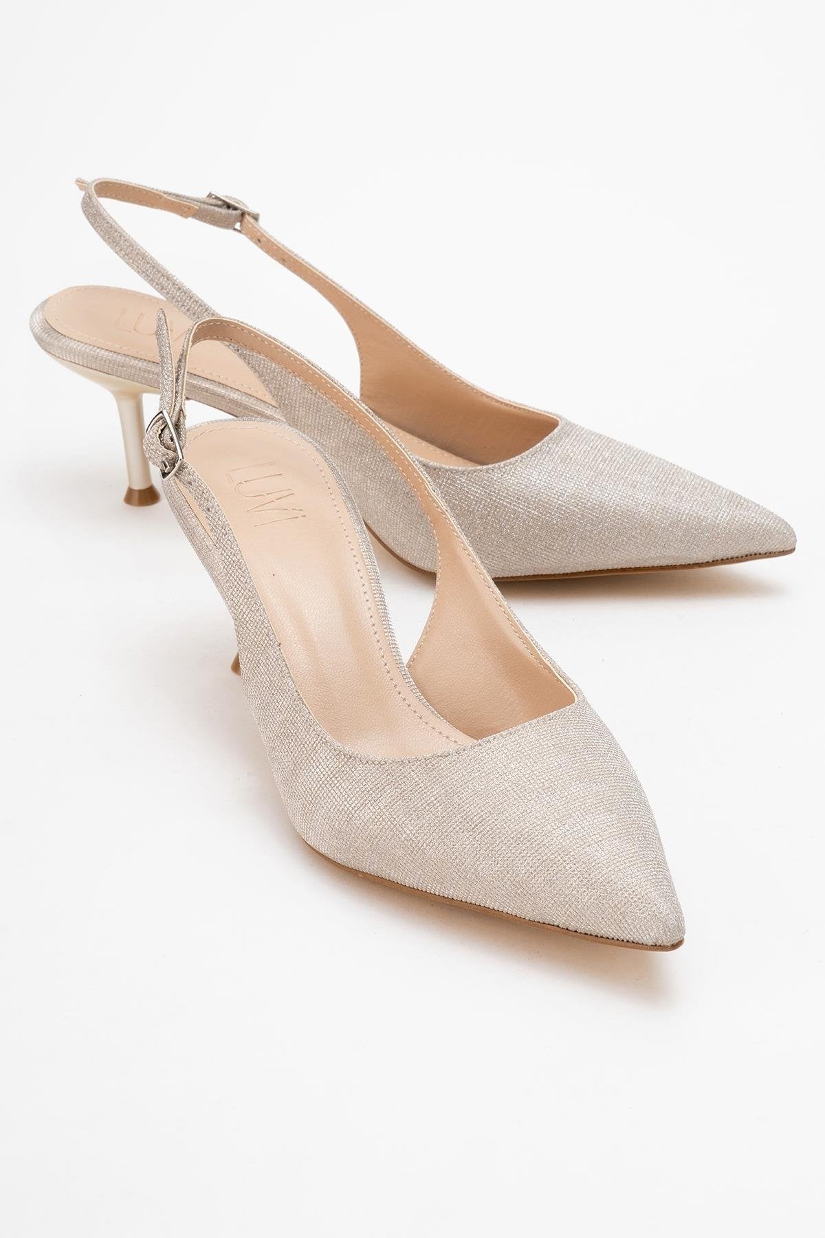 Caisa - Gold Glitter High Heel Shoe – front three-quarter view showing leather, glitter, gold, Vowalisse
