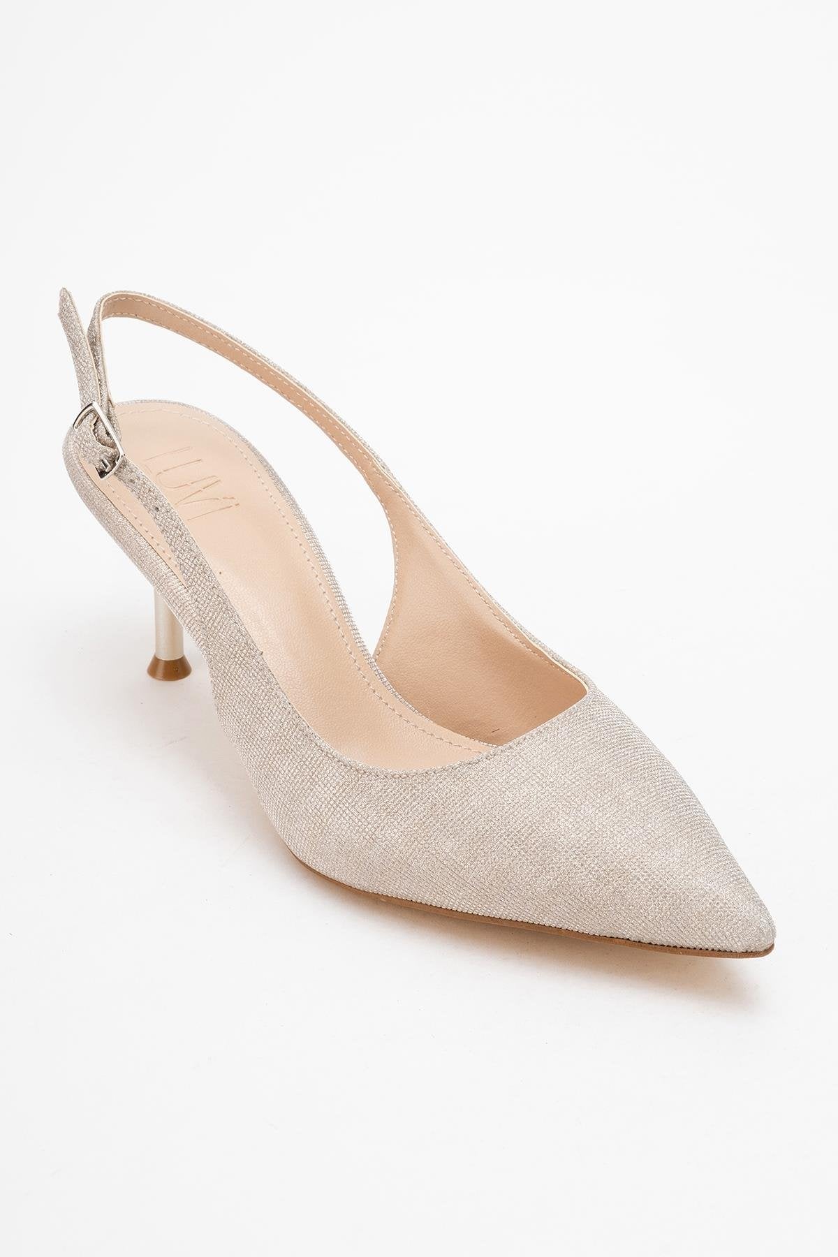 Caisa - Gold Glitter High Heel Shoe – detail view showing leather, glitter, gold, Vowalisse