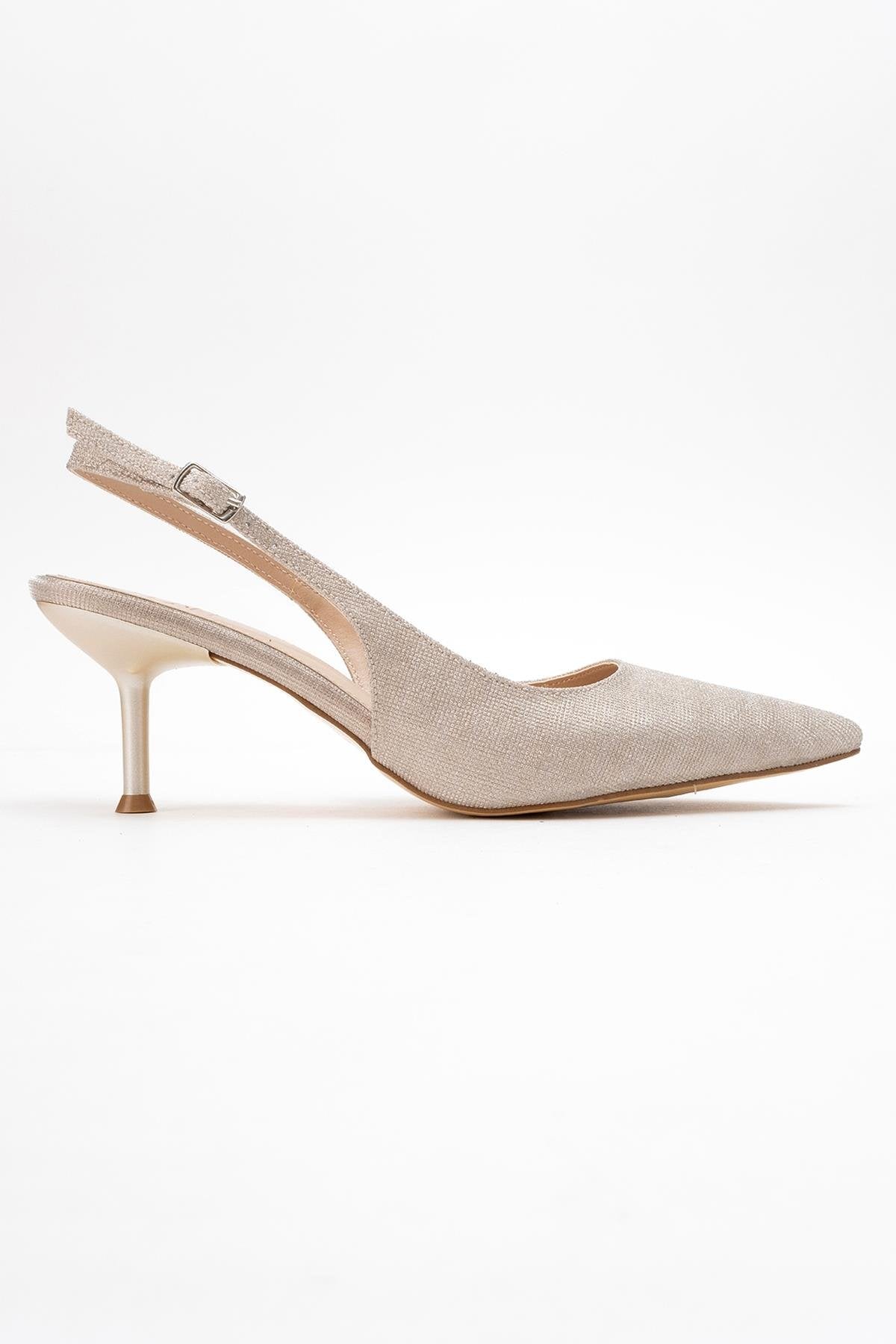 Caisa - Gold Glitter High Heel Shoe – top view showing leather, glitter, gold, Vowalisse