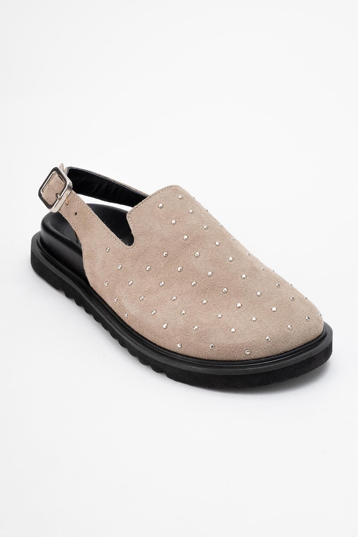 Our - Beige suede Leather Clogs – detail view showing leather, suede, red, Vowalisse