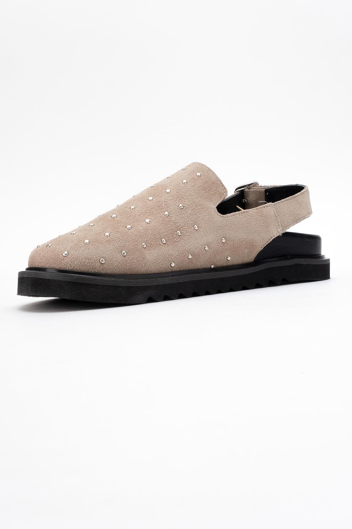 Our - Beige suede Leather Clogs – heel view showing leather, suede, red, Vowalisse