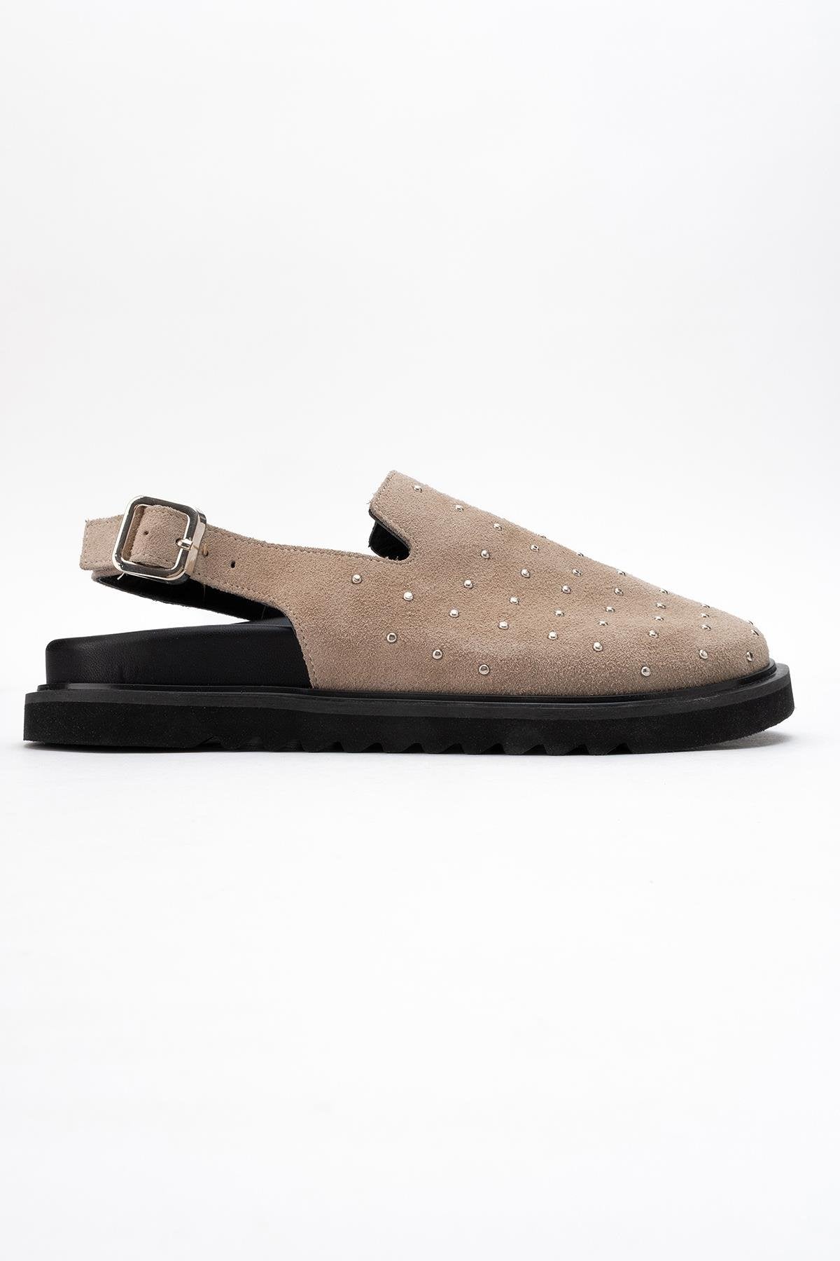 Our - Beige suede Leather Clogs – top view showing leather, suede, red, Vowalisse