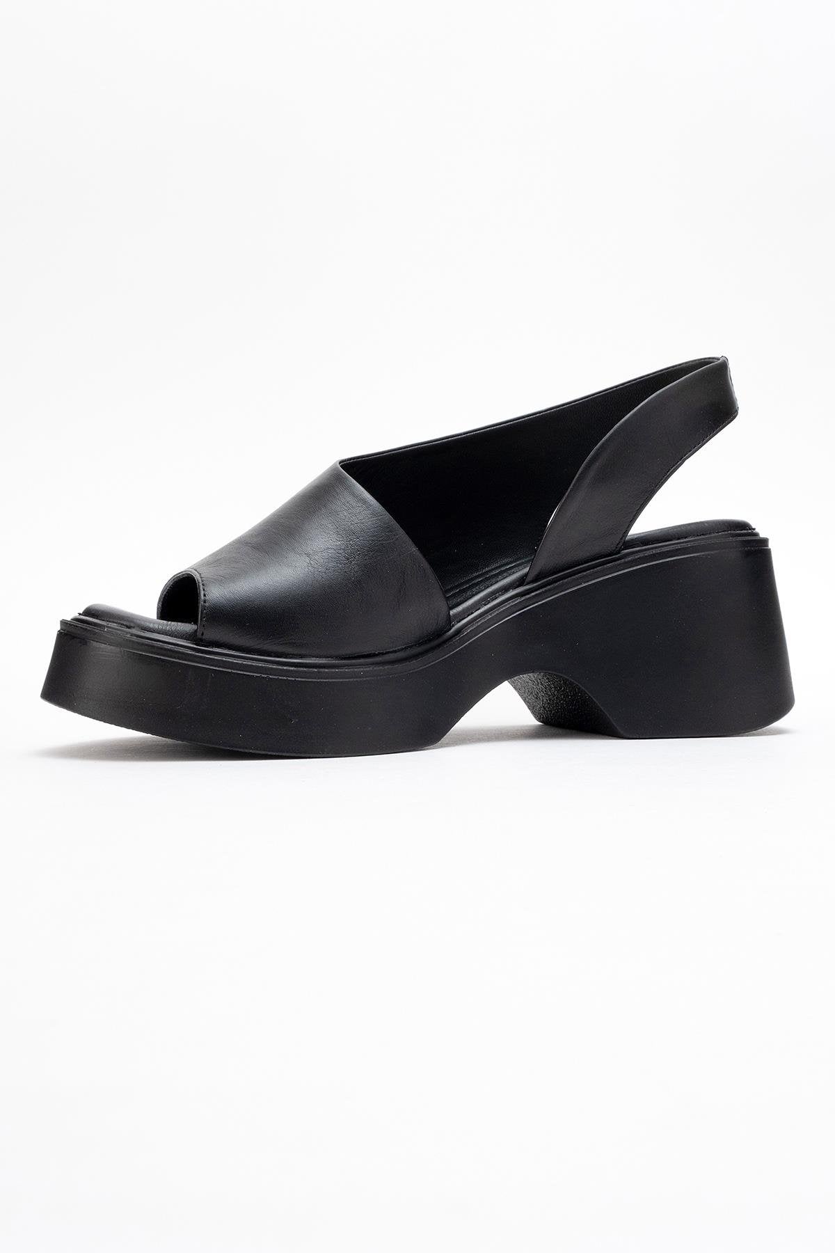 ROY - Black Leather Wedge Sandal – heel view showing leather, black, red, Vowalisse