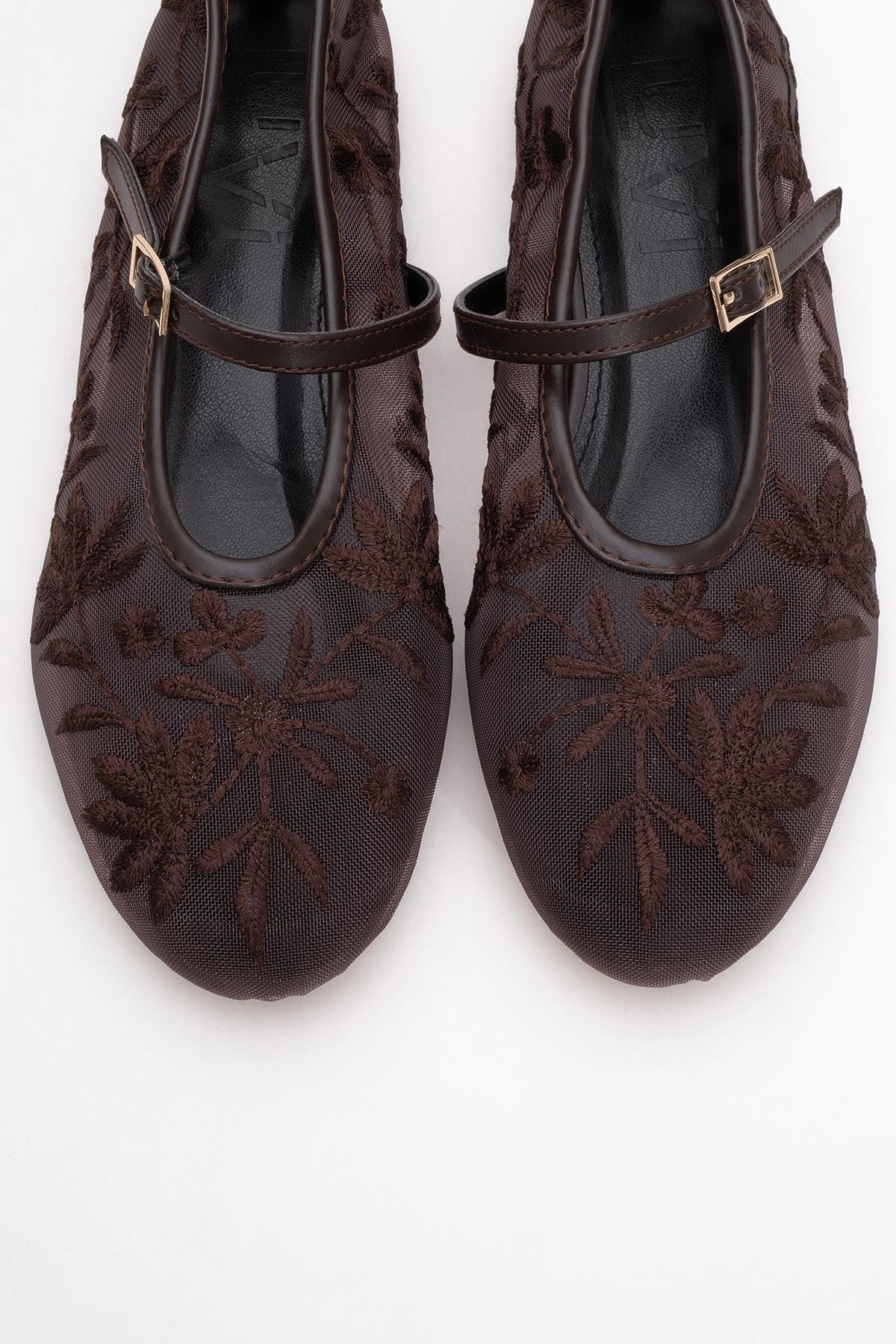Juny Brown Mesh Floral Embroidery Ballet Flat – side view showing leather, mesh, red, Vowalisse