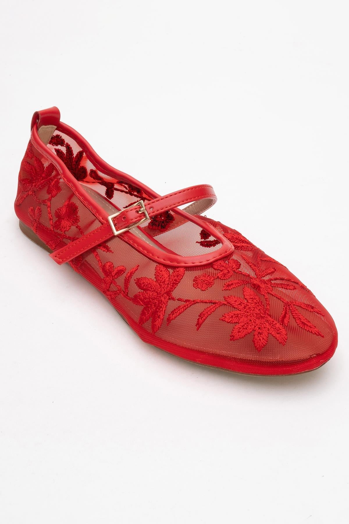 Juny Red Mesh Floral Embroidery Ballet Flat – detail view showing leather, mesh, red, Vowalisse