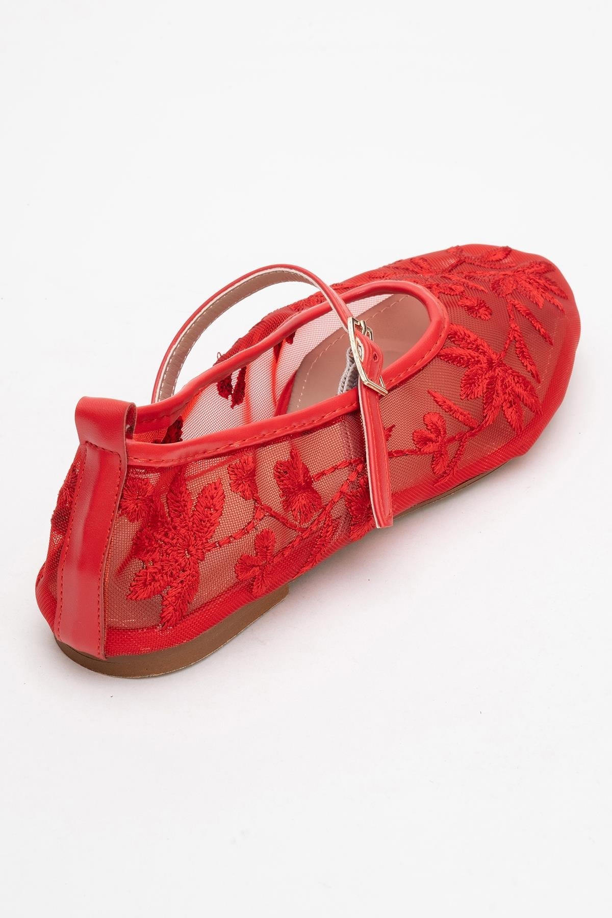 Juny Red Mesh Floral Embroidery Ballet Flat – back view showing leather, mesh, red, Vowalisse