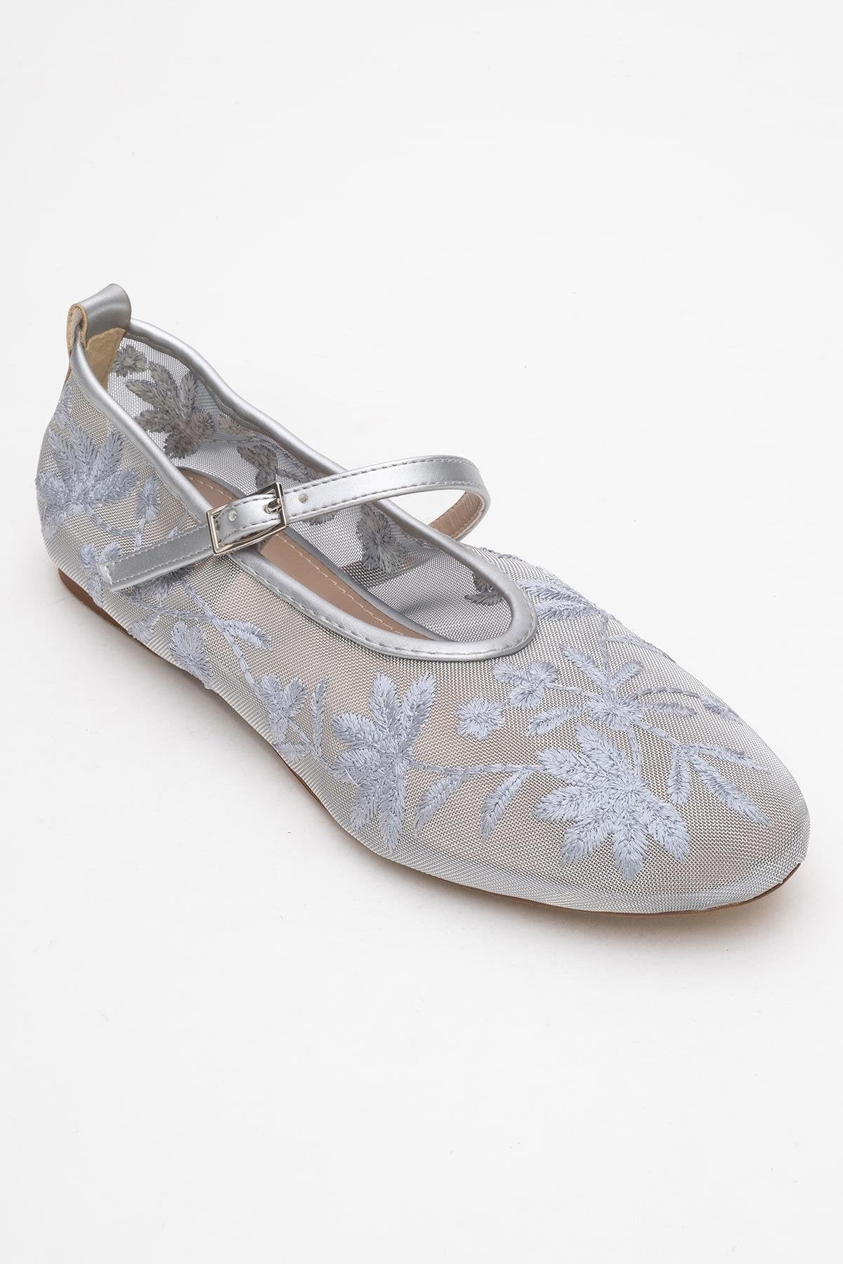 Juny Gray Mesh Floral Embroidery Ballet Flat – detail view showing leather, mesh, red, Vowalisse