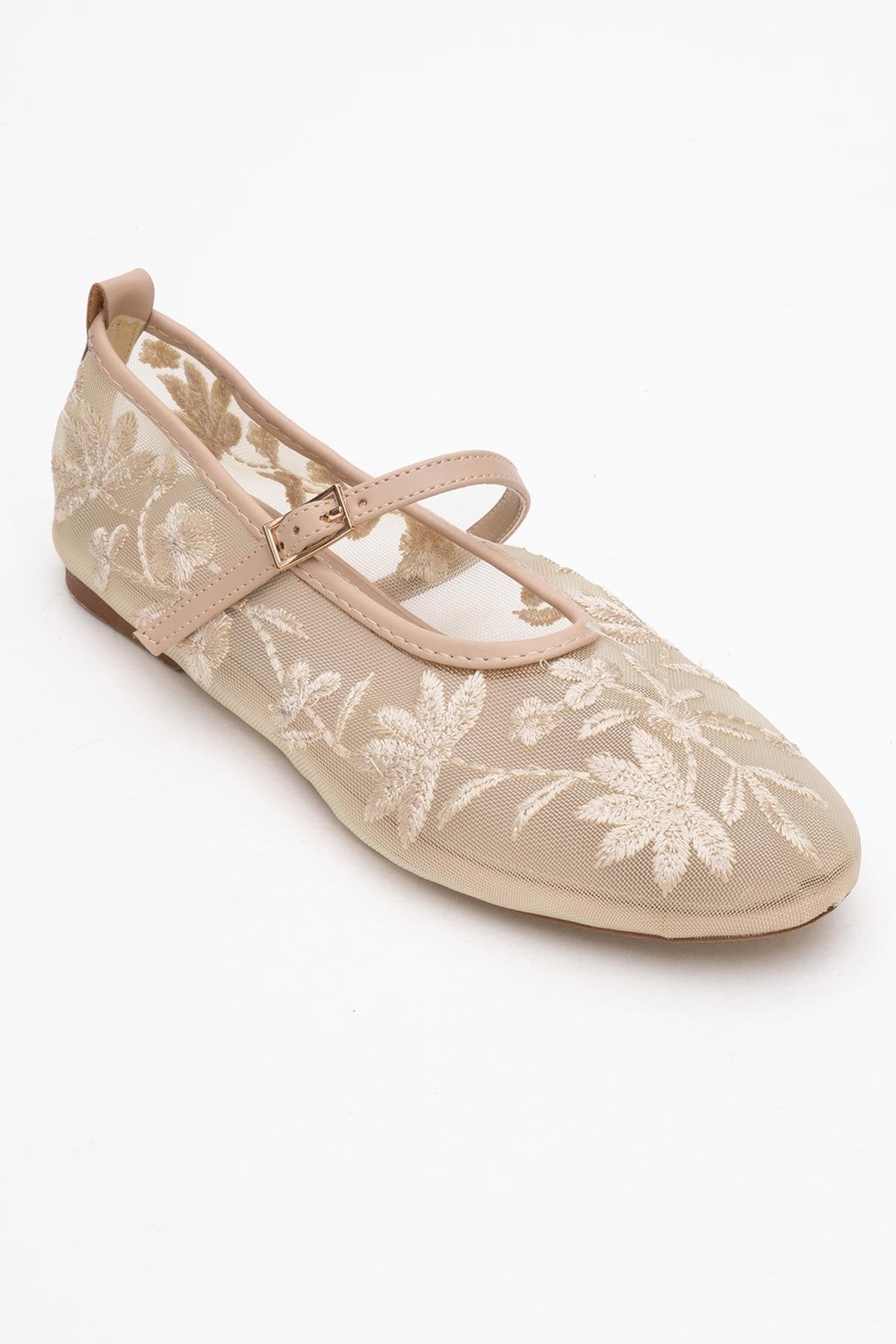Juny Beige Mesh Floral Embroidery Ballet Flat – detail view showing leather, mesh, red, Vowalisse