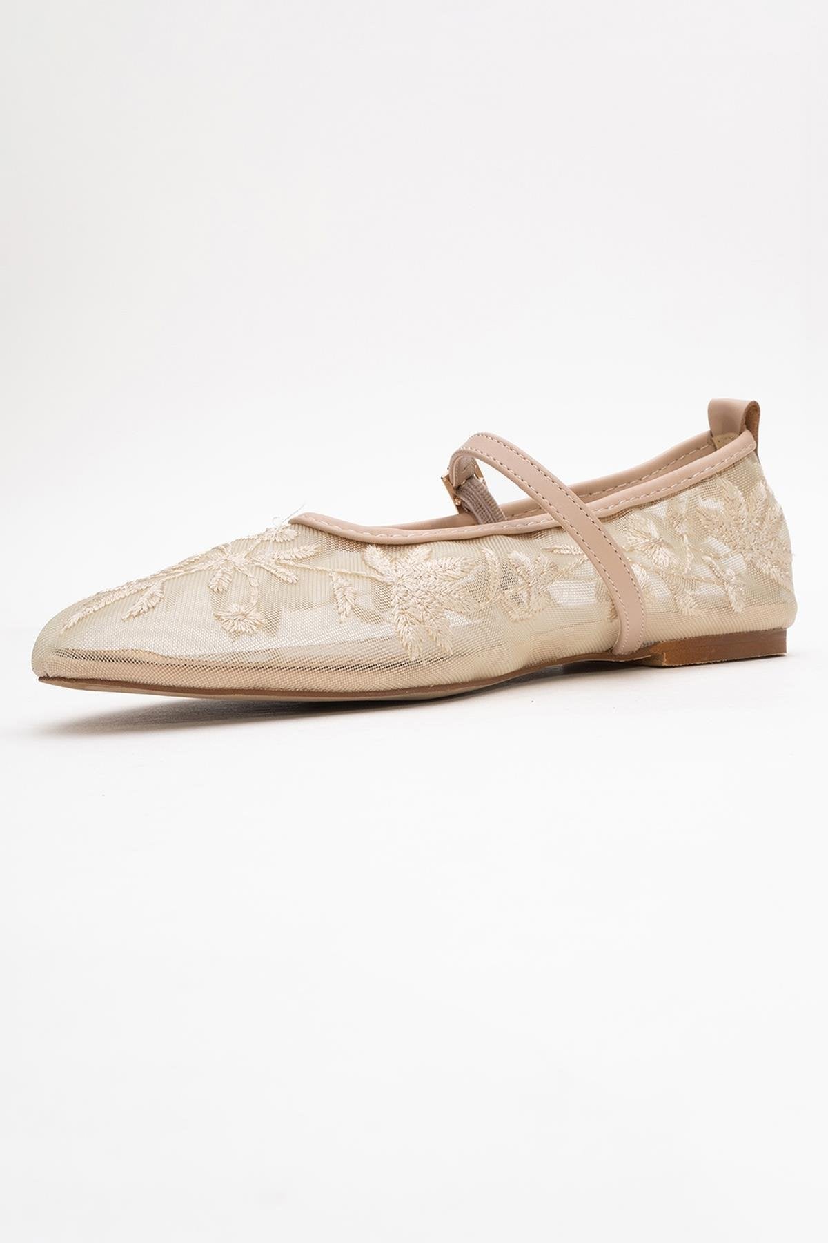 Juny Beige Mesh Floral Embroidery Ballet Flat – heel view showing leather, mesh, red, Vowalisse