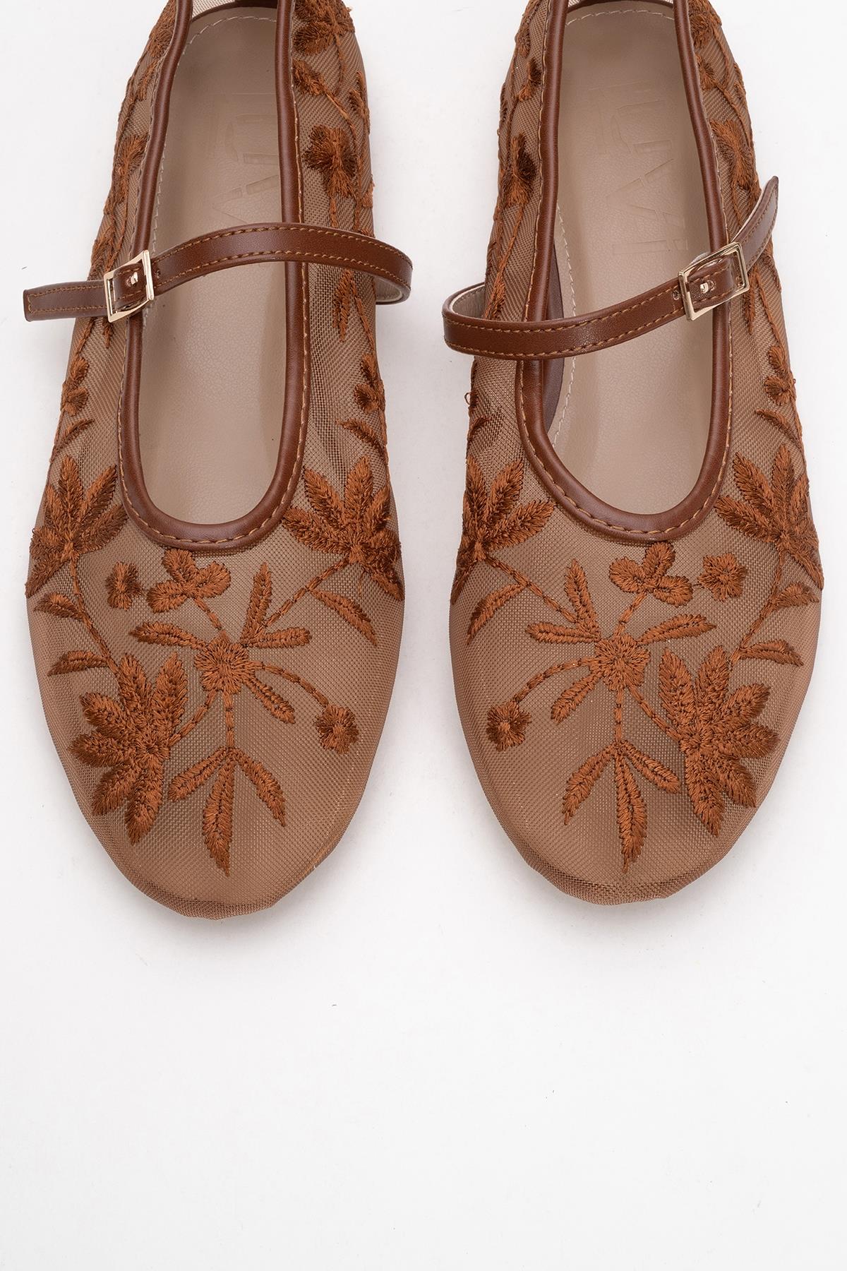 Juny Cognac Brown Mesh Floral Embroidery Ballet Flat – side view showing leather, mesh, red, Vowalisse