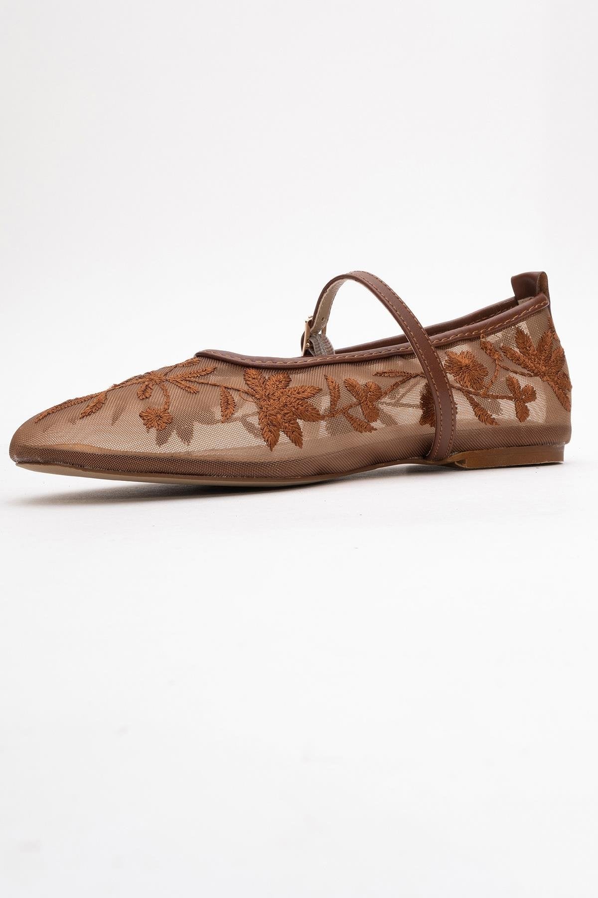 Juny Cognac Brown Mesh Floral Embroidery Ballet Flat – heel view showing leather, mesh, red, Vowalisse