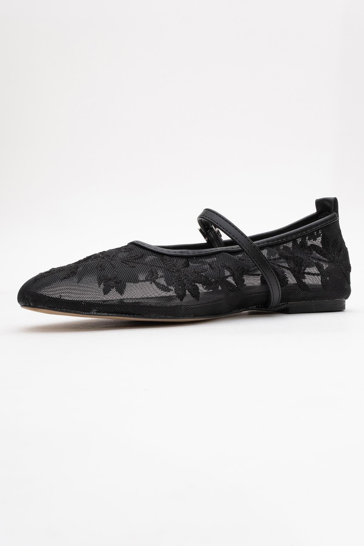 Juny Black Mesh Floral Embroidery Ballet Flat – heel view showing leather, mesh, black, Vowalisse
