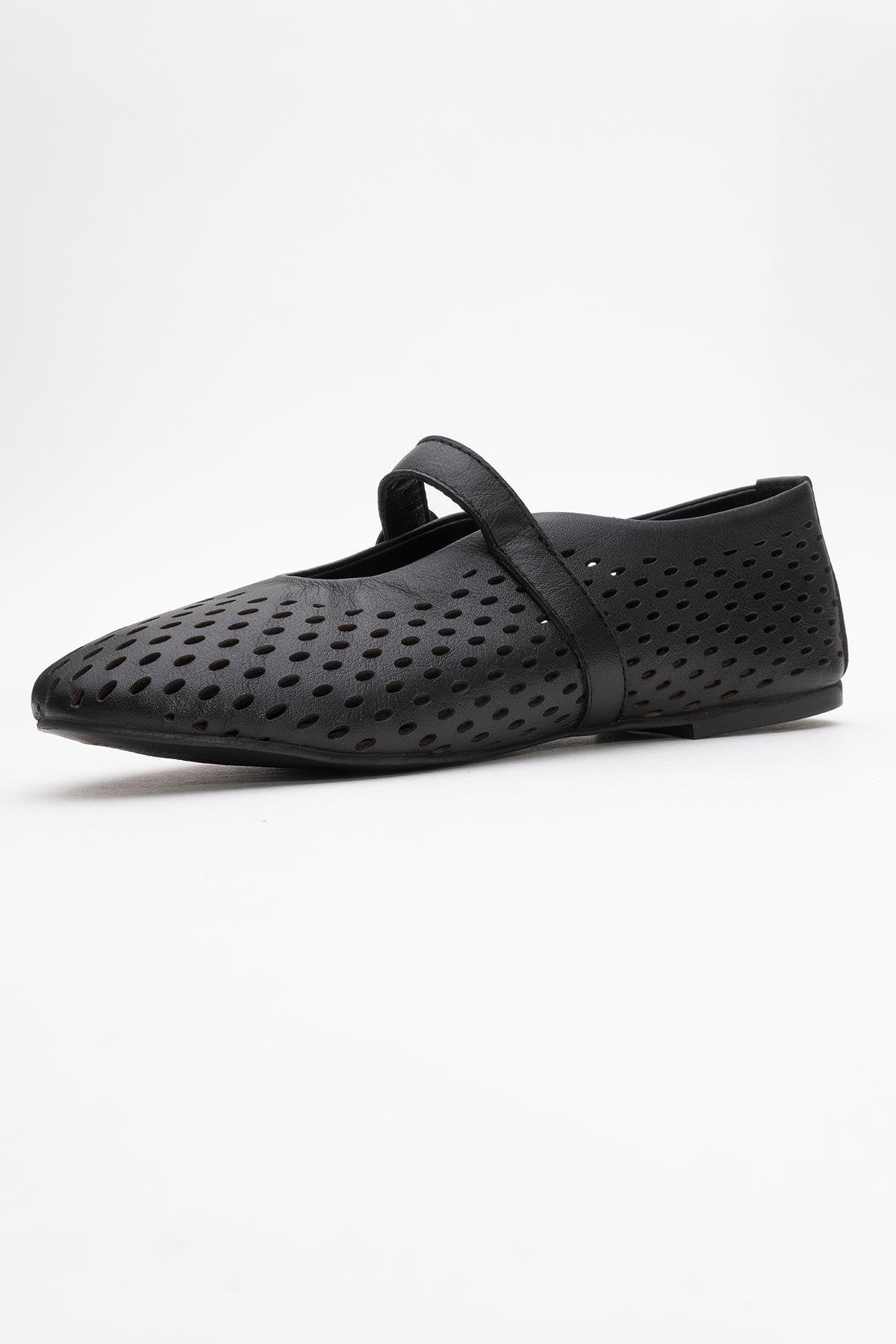 Arian Black Suede Leather Ballet Flat – heel view showing leather, suede, black, Vowalisse