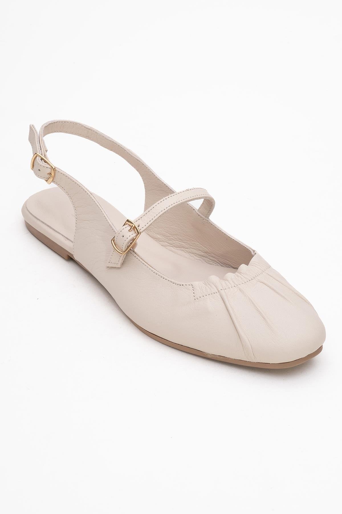 BRITNEY Beige Leather Closed-Toe Sandal – detail view showing leather, red, Vowalisse