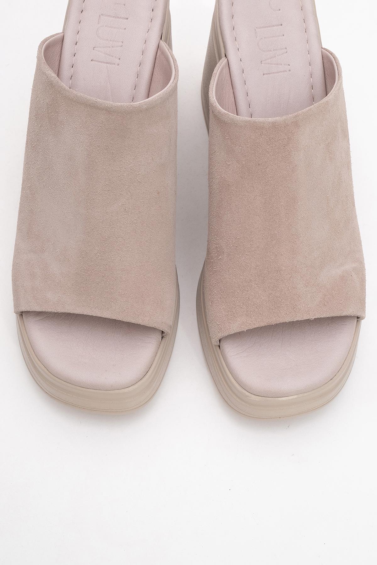 Nola - Dark Beige Suede Leather Heeled Mules – side view showing leather, suede, Vowalisse