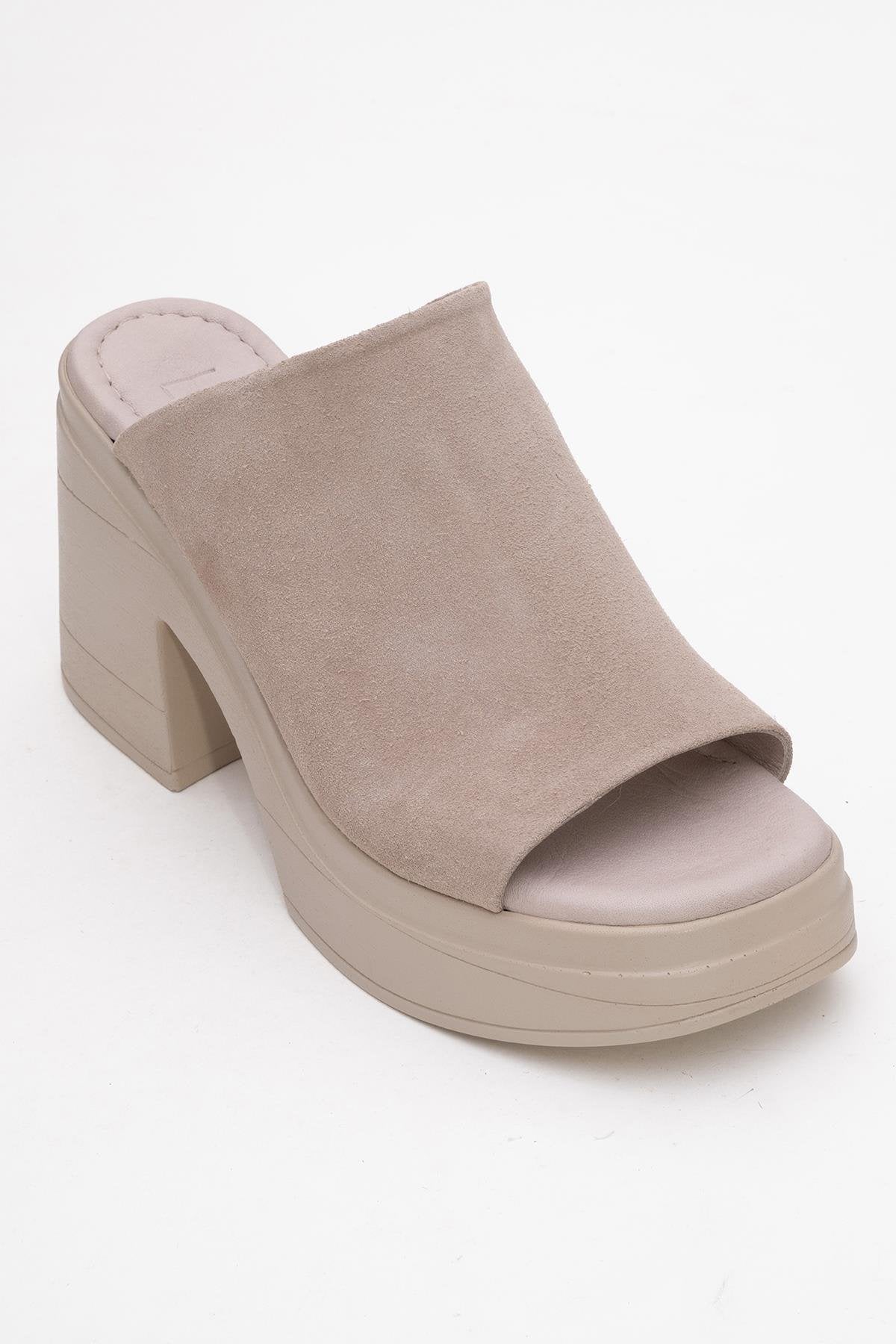 Nola - Dark Beige Suede Leather Heeled Mules – detail view showing leather, suede, Vowalisse